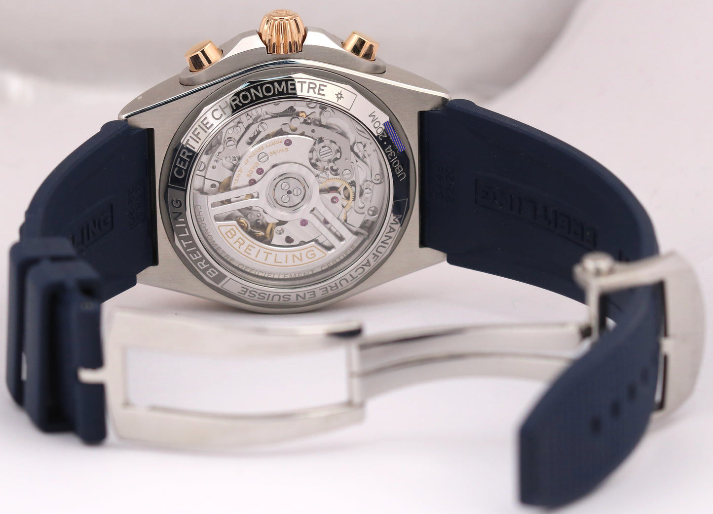 Breitling Chronomat B01 42mm Two-Tone Gold Blue Rubber Steel Watch UB0134 BOX