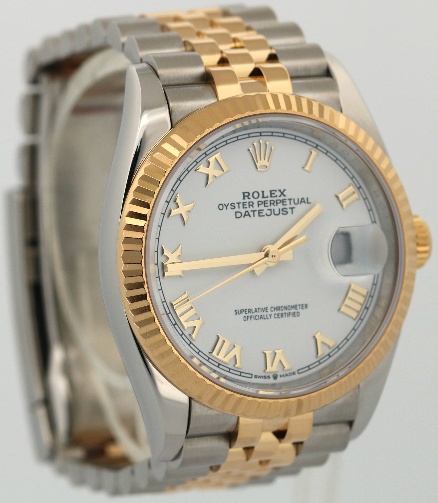 Rolex DateJust 36 WHITE ROMAN 18K Yellow Gold Steel JUBILEE Fluted 36mm 126233