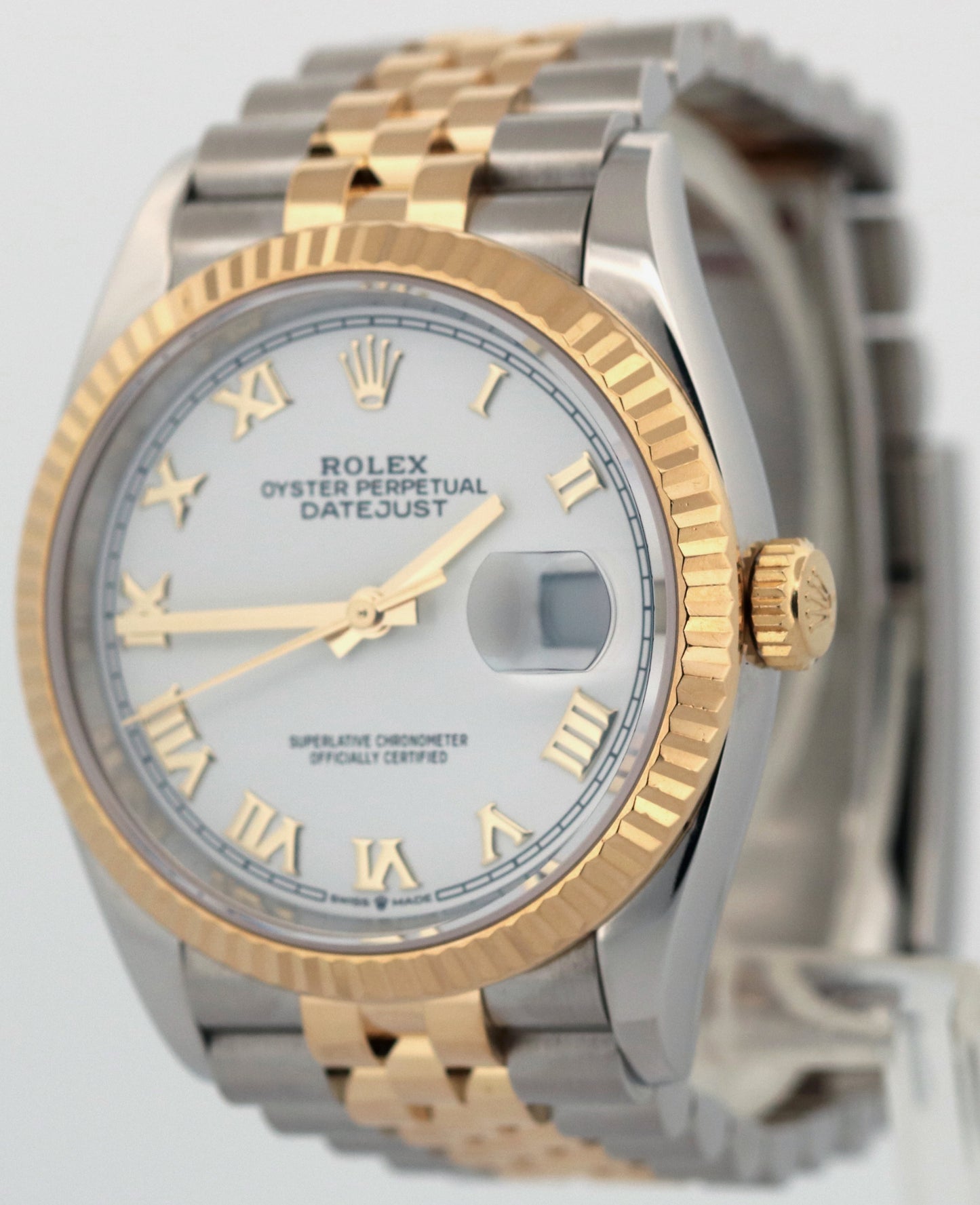 Rolex DateJust 36 WHITE ROMAN 18K Yellow Gold Steel JUBILEE Fluted 36mm 126233