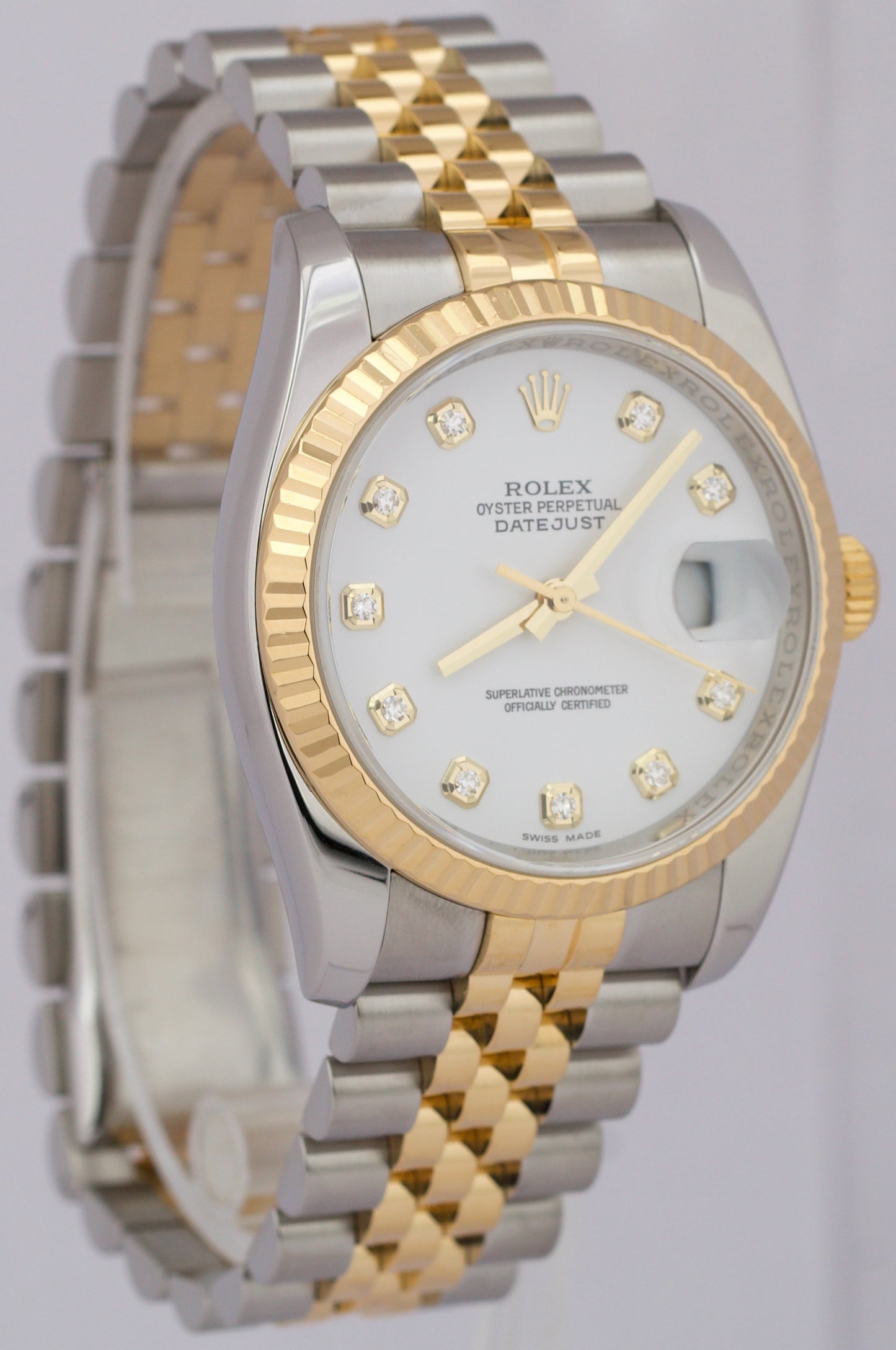 MINT Rolex DateJust 36mm WHITE DIAMOND 18K Gold SUPER JUBILEE 116233 Watch
