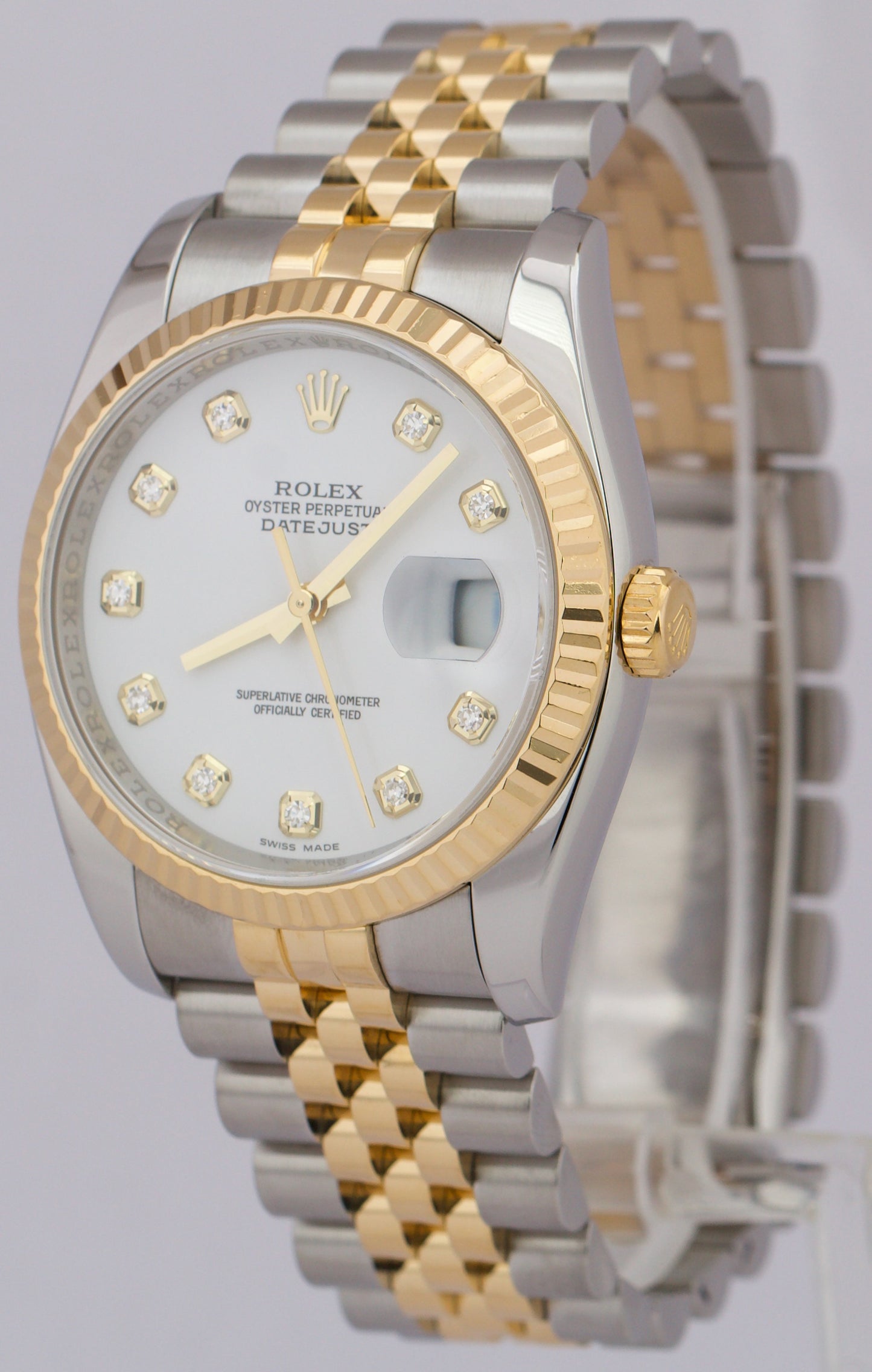 MINT Rolex DateJust 36mm WHITE DIAMOND 18K Gold SUPER JUBILEE 116233 Watch