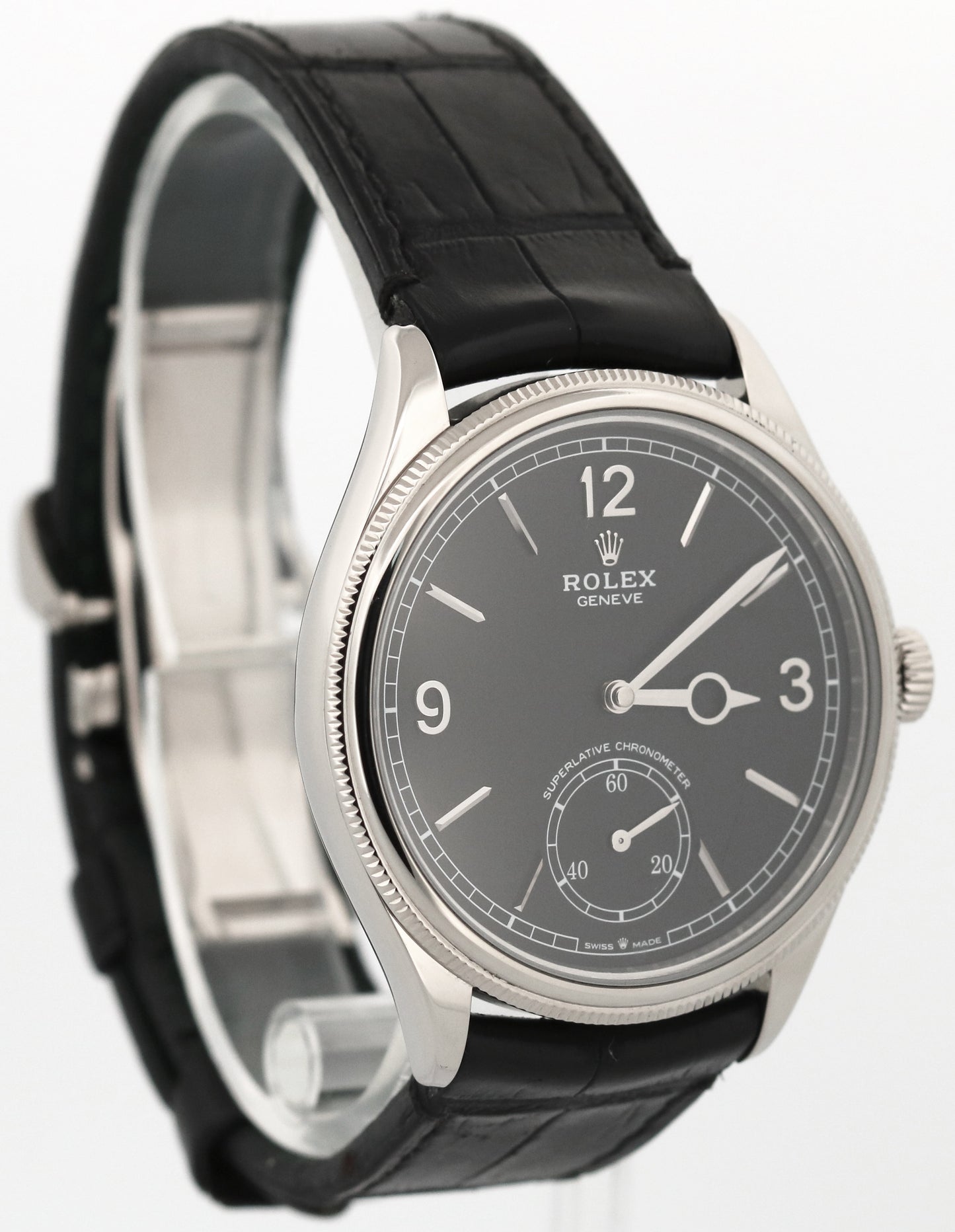 Rolex 1908 18K White Gold BLACK 39mm Leather Automatic Fluted 52509 Watch