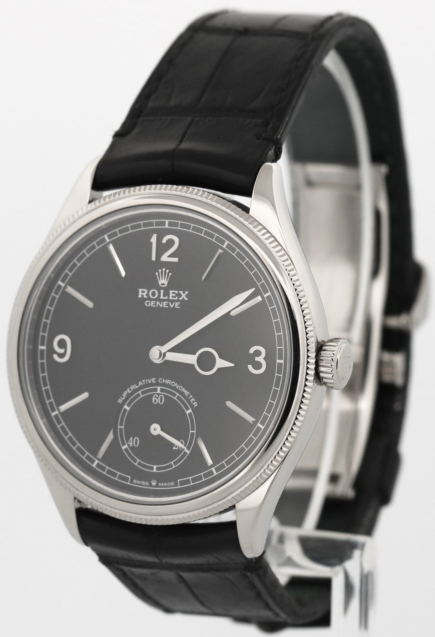 Rolex 1908 18K White Gold BLACK 39mm Leather Automatic Fluted 52509 Watch
