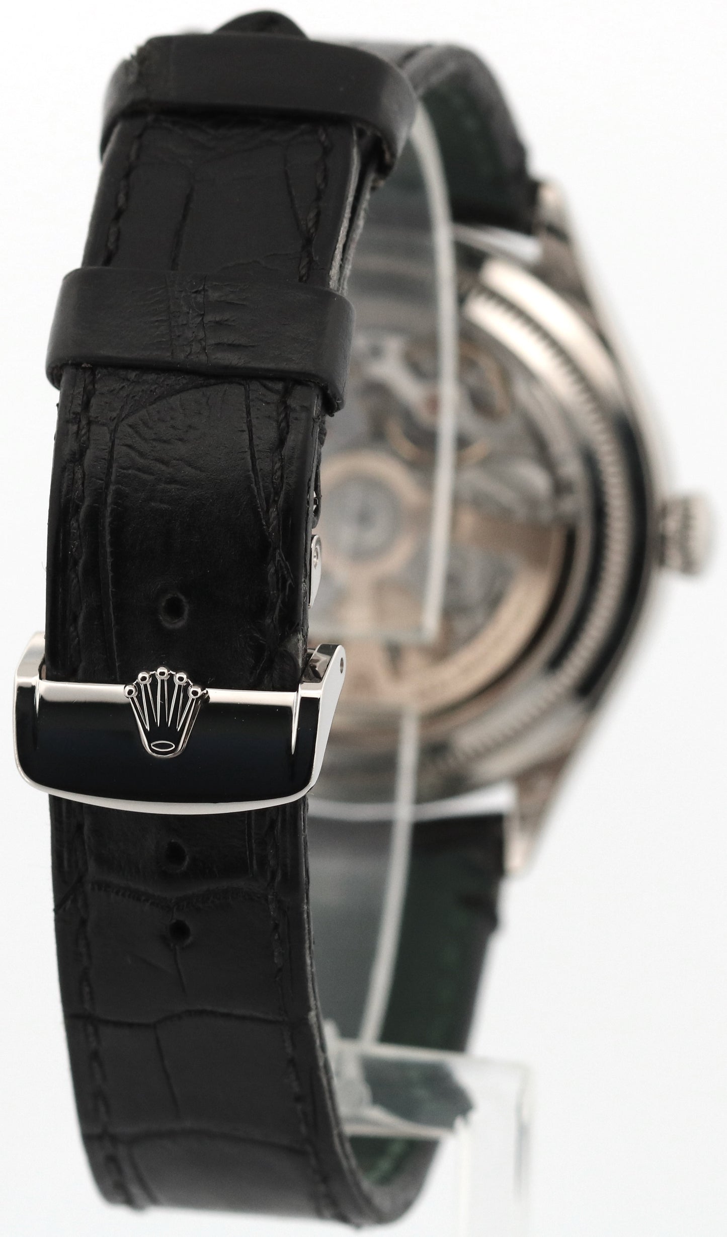 Rolex 1908 18K White Gold BLACK 39mm Leather Automatic Fluted 52509 Watch