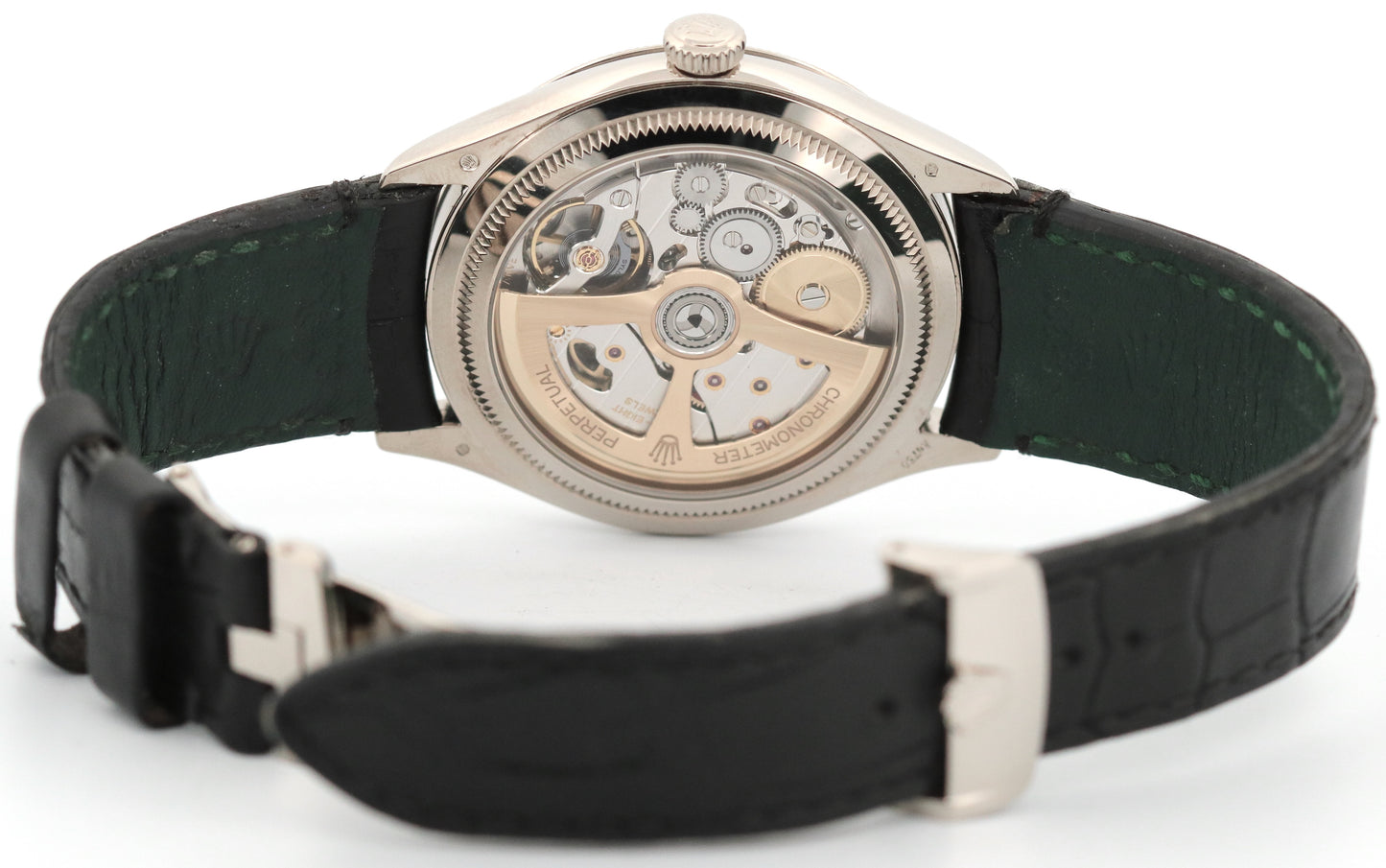 Rolex 1908 18K White Gold BLACK 39mm Leather Automatic Fluted 52509 Watch