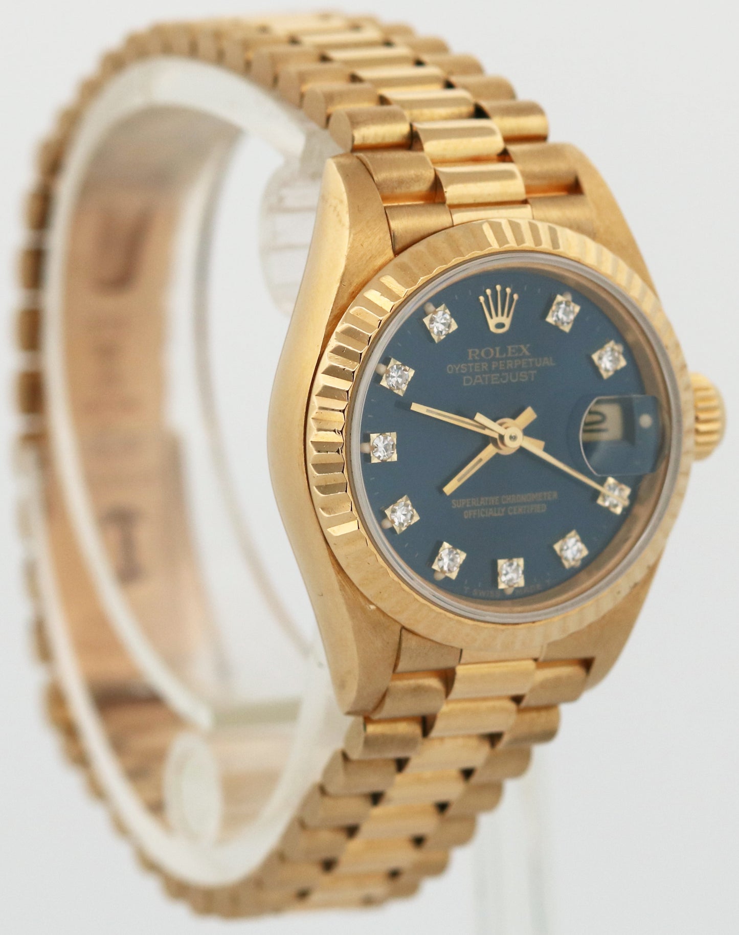Ladies Rolex DateJust President 26mm BLUE DIAMOND 18K Yellow Gold Watch 69178