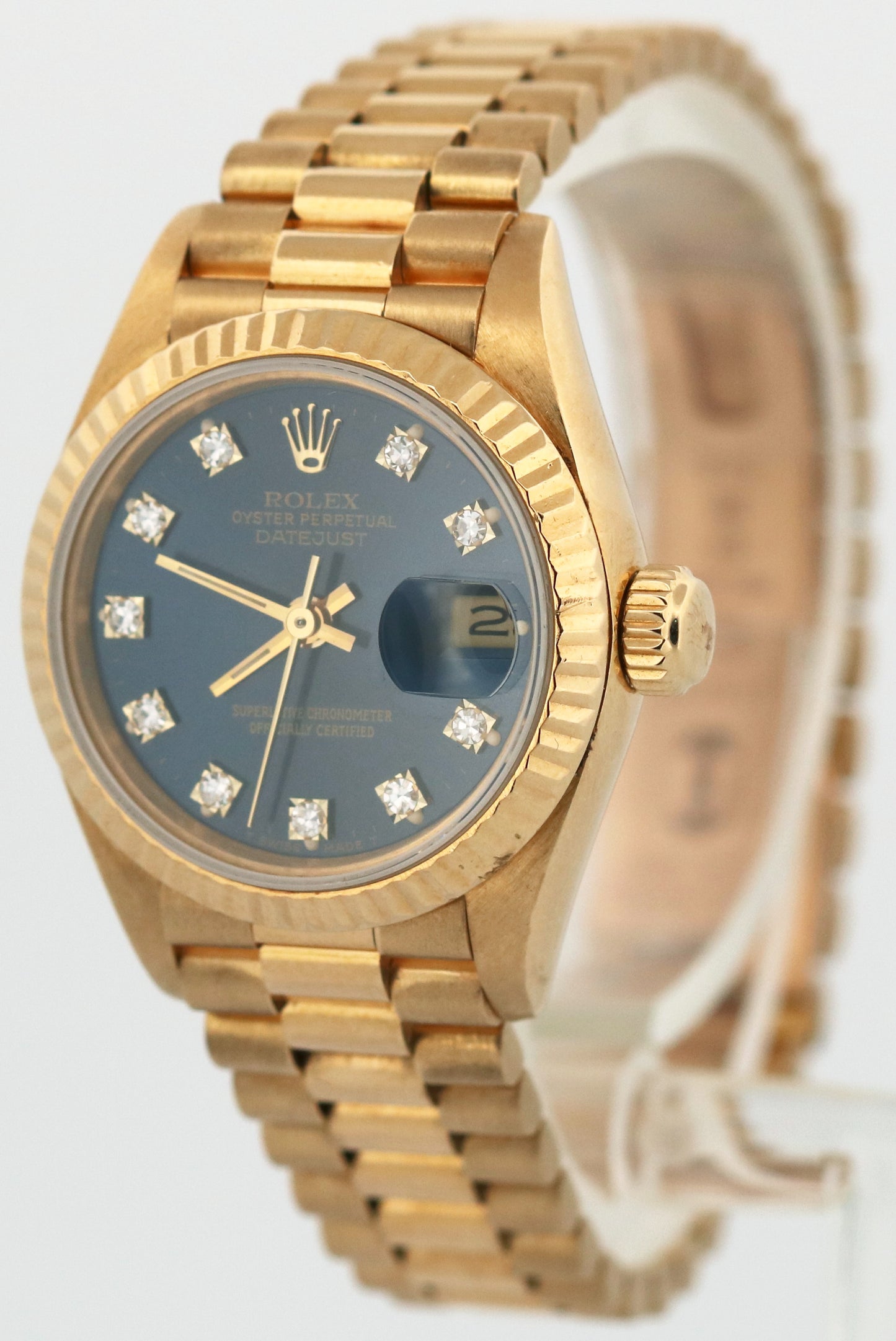 Ladies Rolex DateJust President 26mm BLUE DIAMOND 18K Yellow Gold Watch 69178