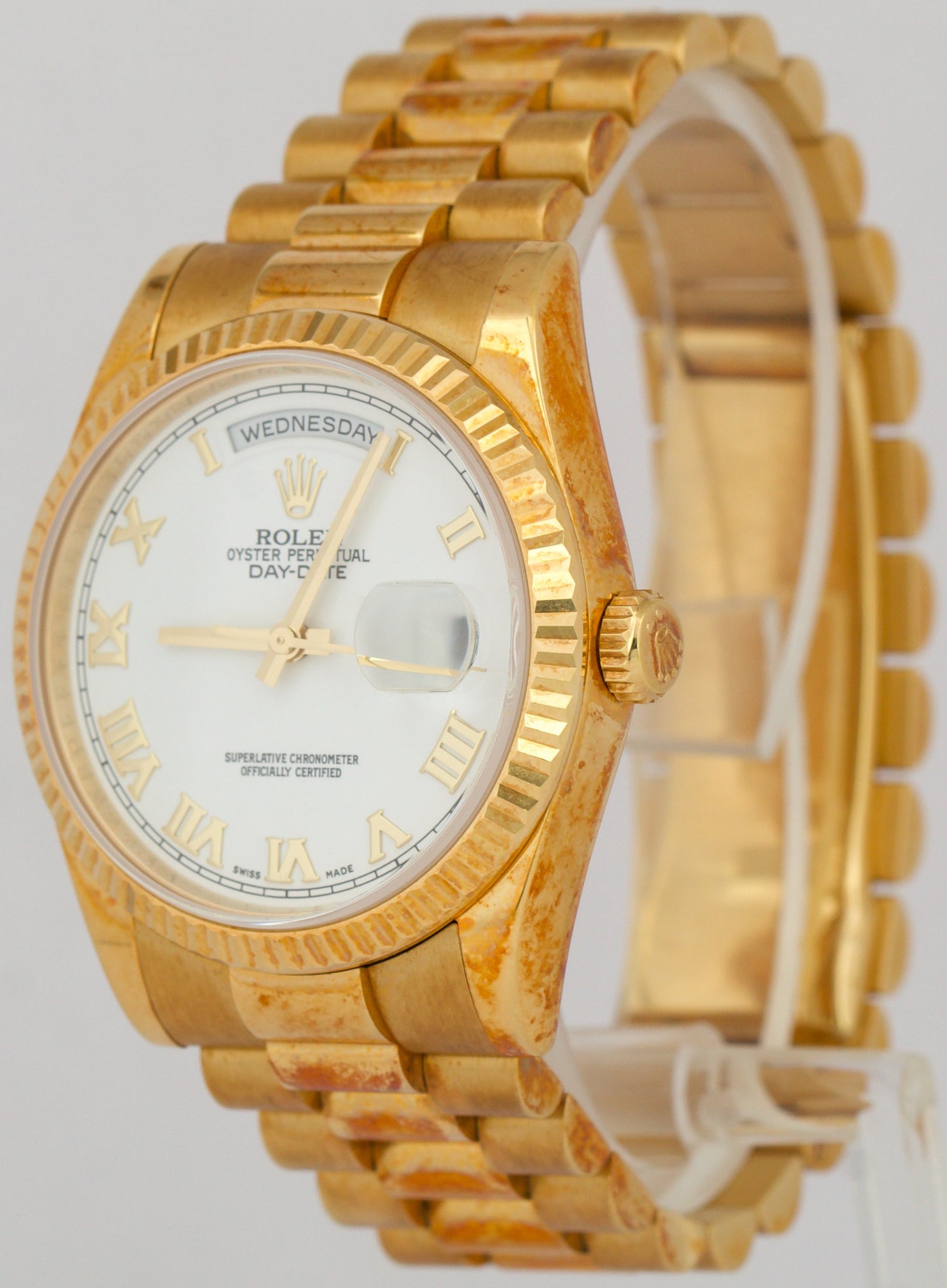 UNPOLISHED PAPERS Rolex Day-Date WHITE ROMAN 36mm 18K Gold PATINA 118238 BOX