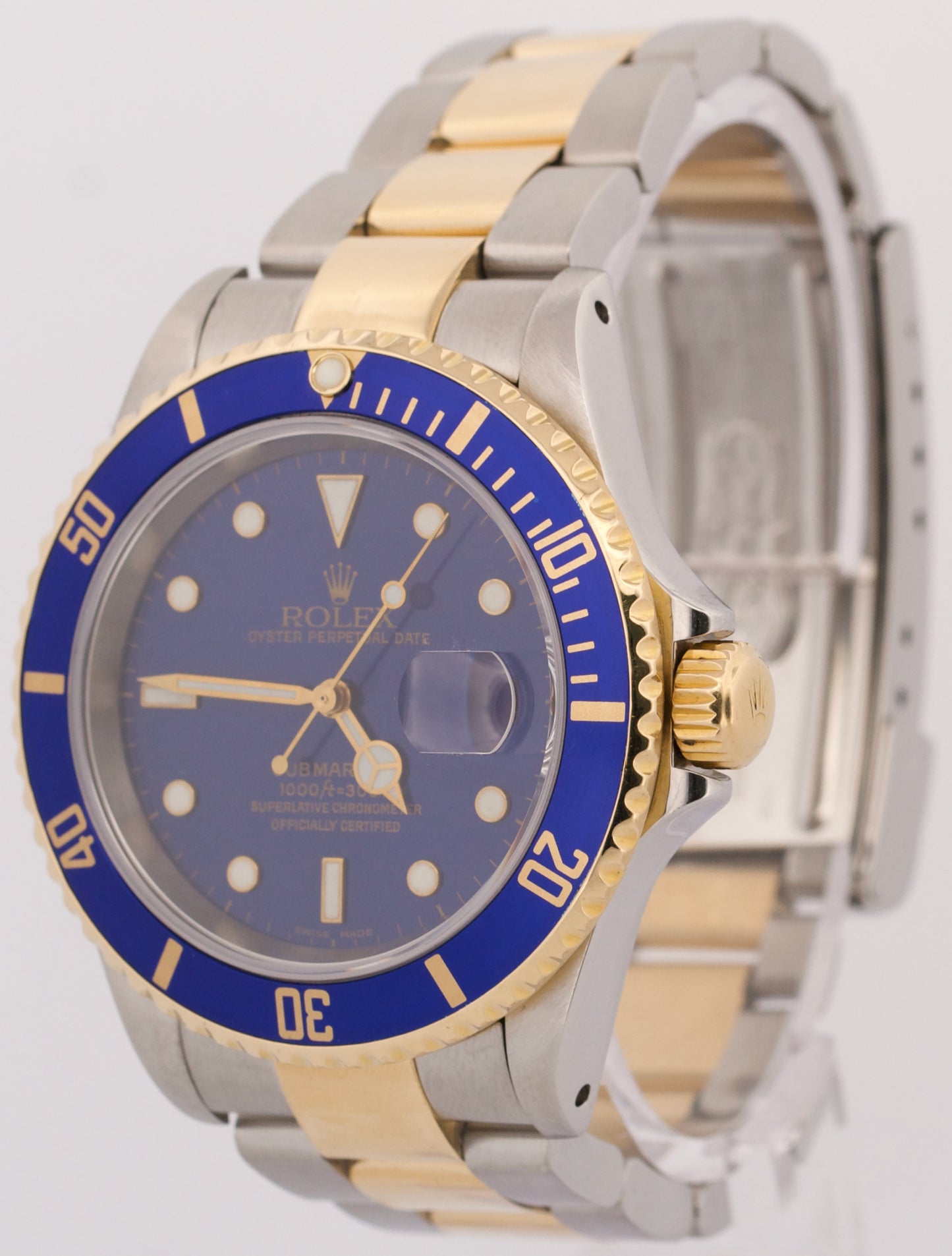 PAPERS Rolex Submariner 40mm BLUE 18K Yellow GOLD BUCKLE Stainless 16613 BOX