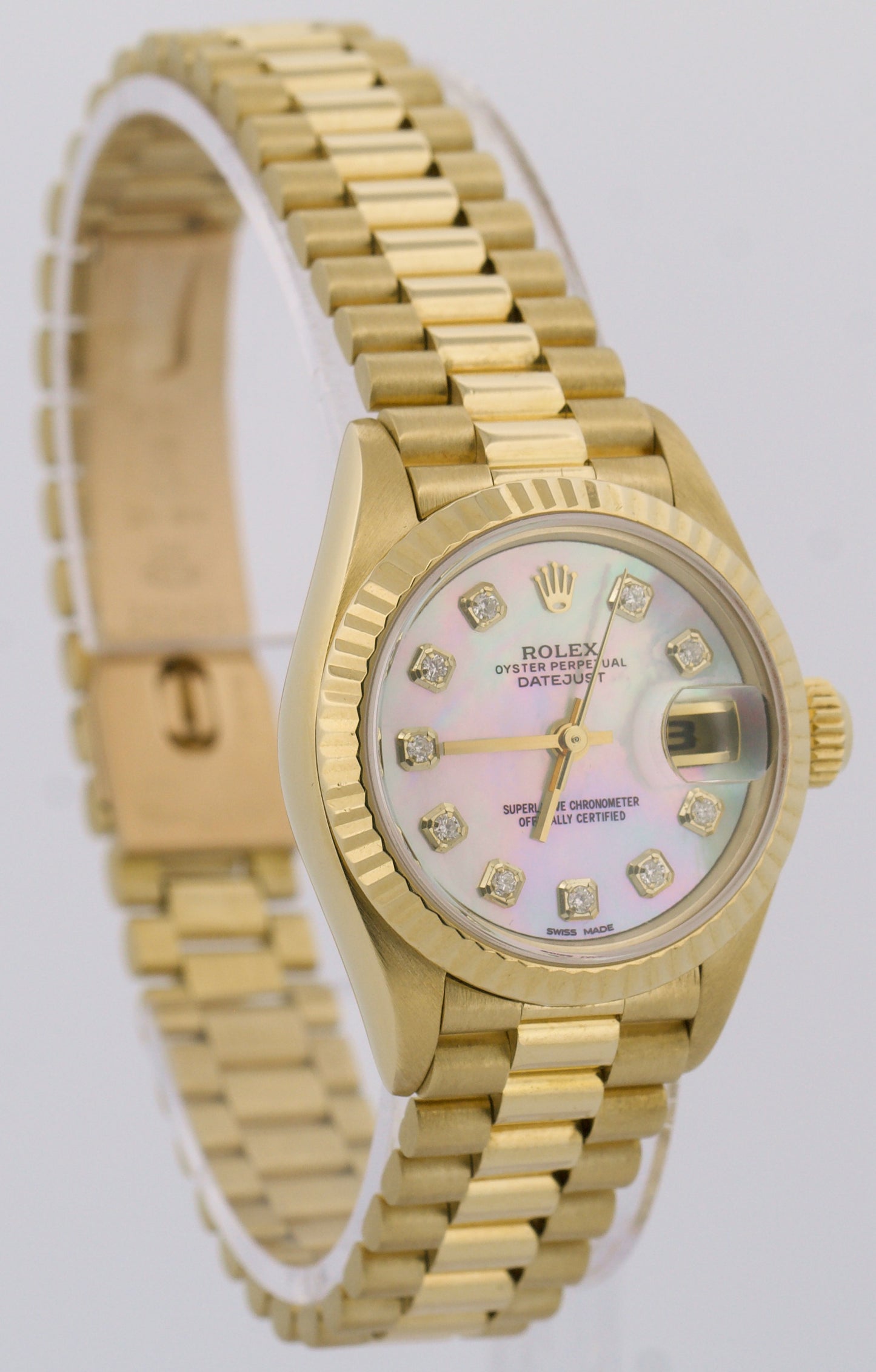 PAPERS Ladies Rolex DateJust President 26mm MOP DIAMOND 18K Gold 69178 BOX