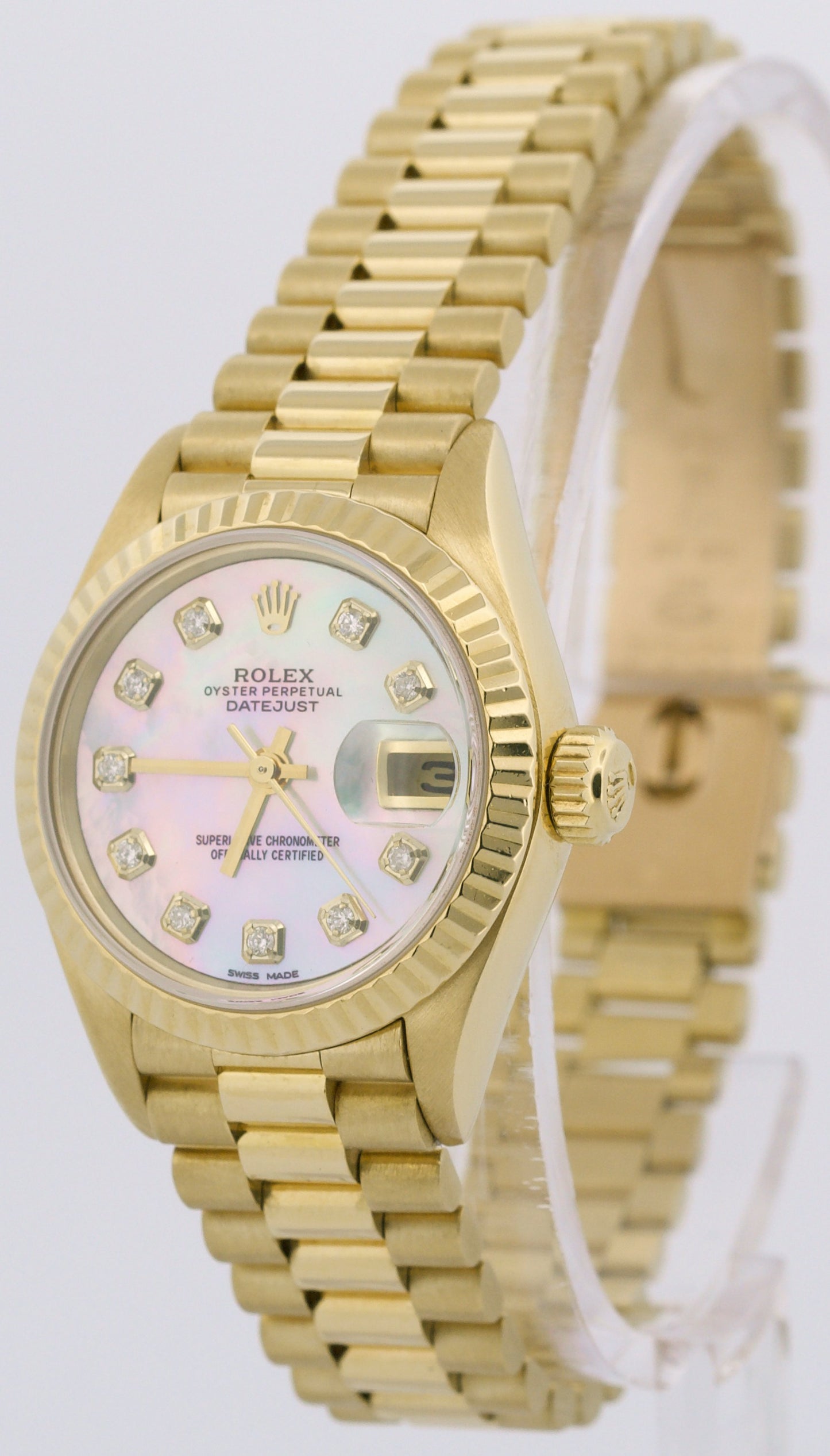 PAPERS Ladies Rolex DateJust President 26mm MOP DIAMOND 18K Gold 69178 BOX
