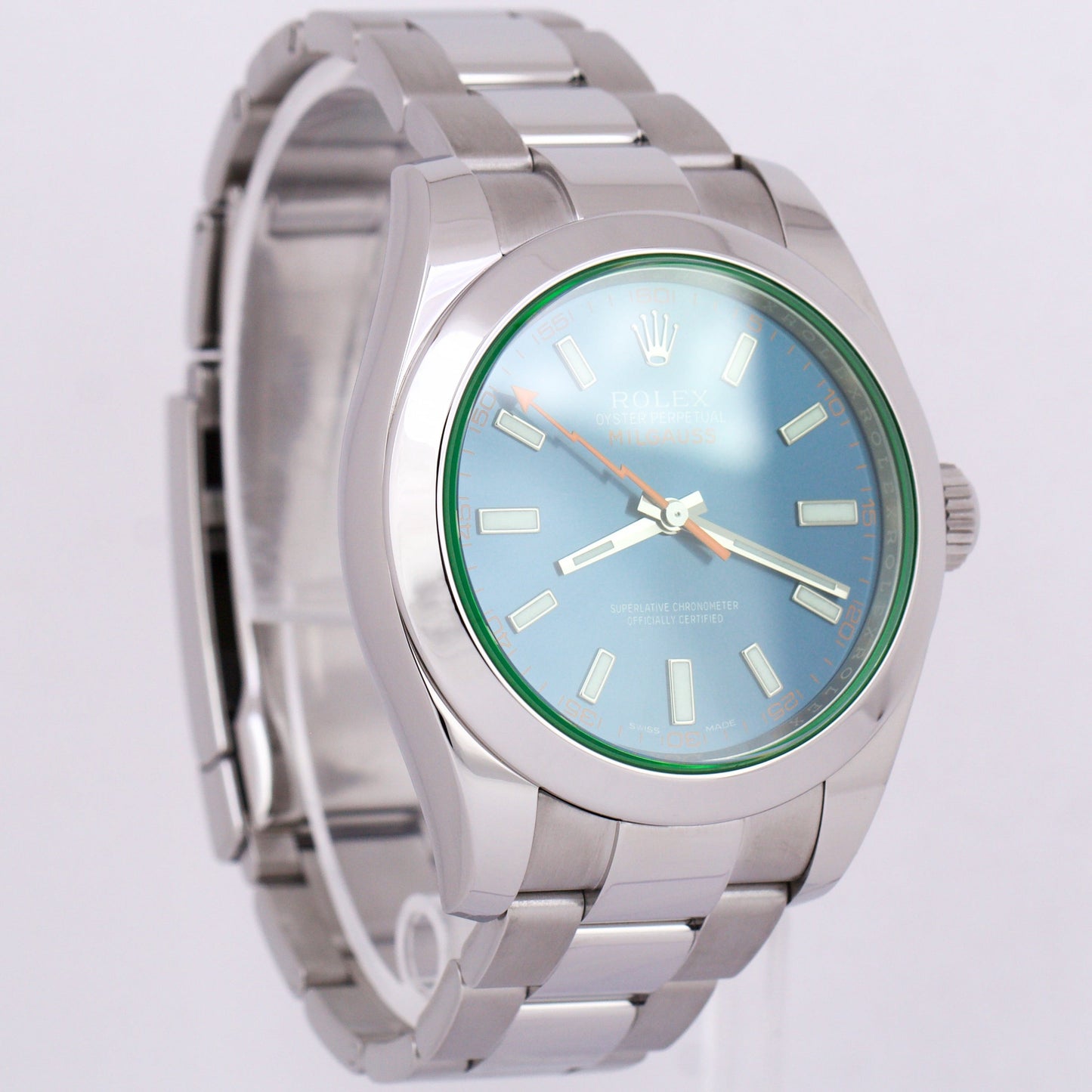 PAPERS Rolex Milgauss Z-Blue Green Crystal BLUE 40mm 116400 GV Steel Watch BOX