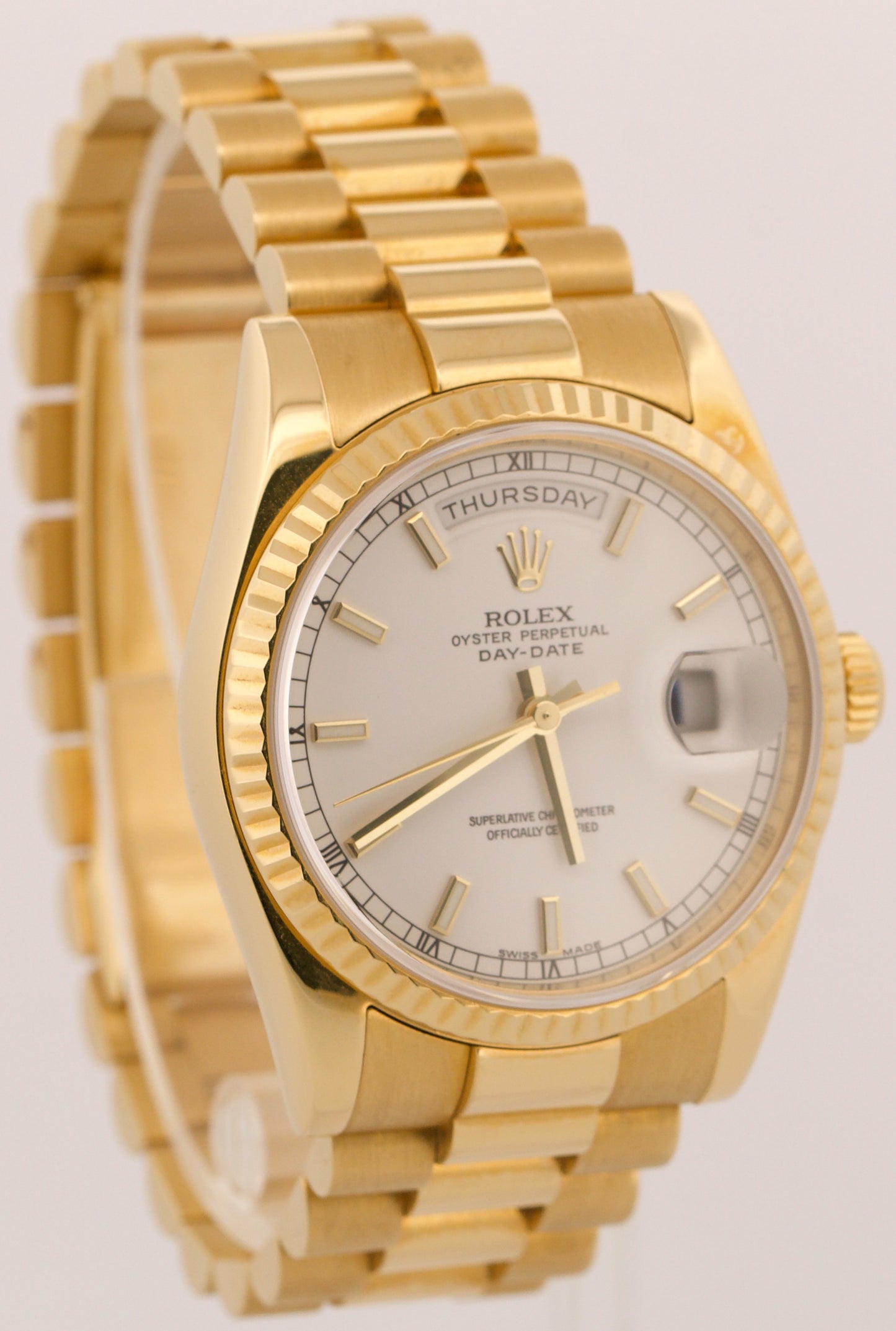 Rolex Day-Date President WHITE 18K Yellow Gold Fluted 36mm 118238 Watch BOX