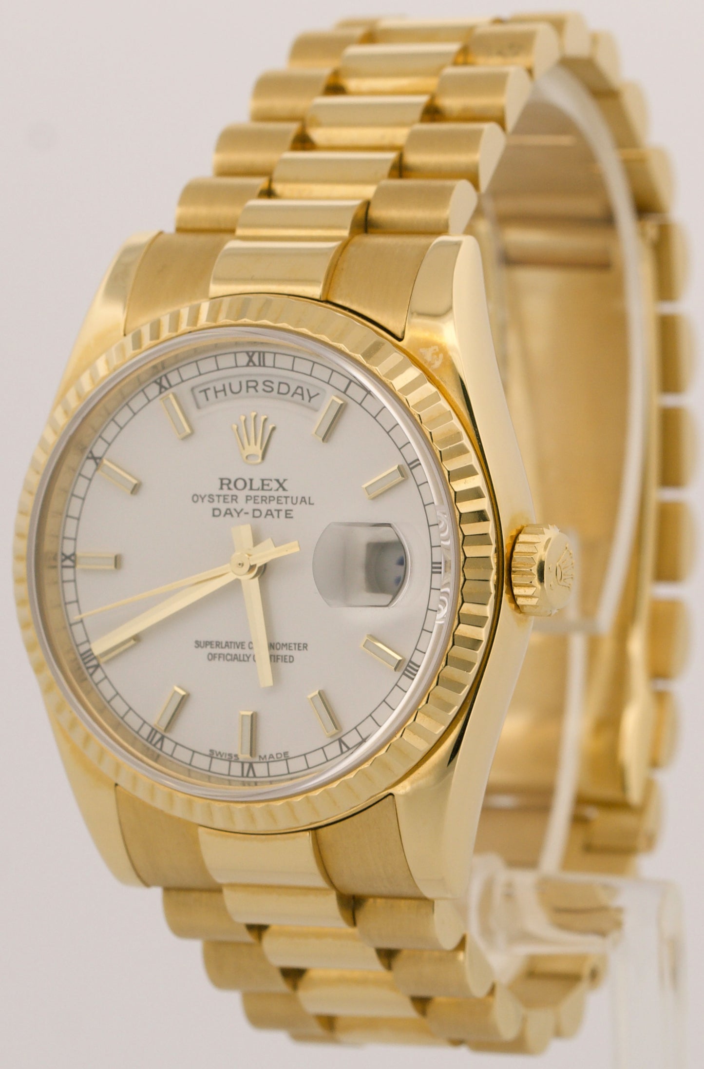 Rolex Day-Date President WHITE 18K Yellow Gold Fluted 36mm 118238 Watch BOX