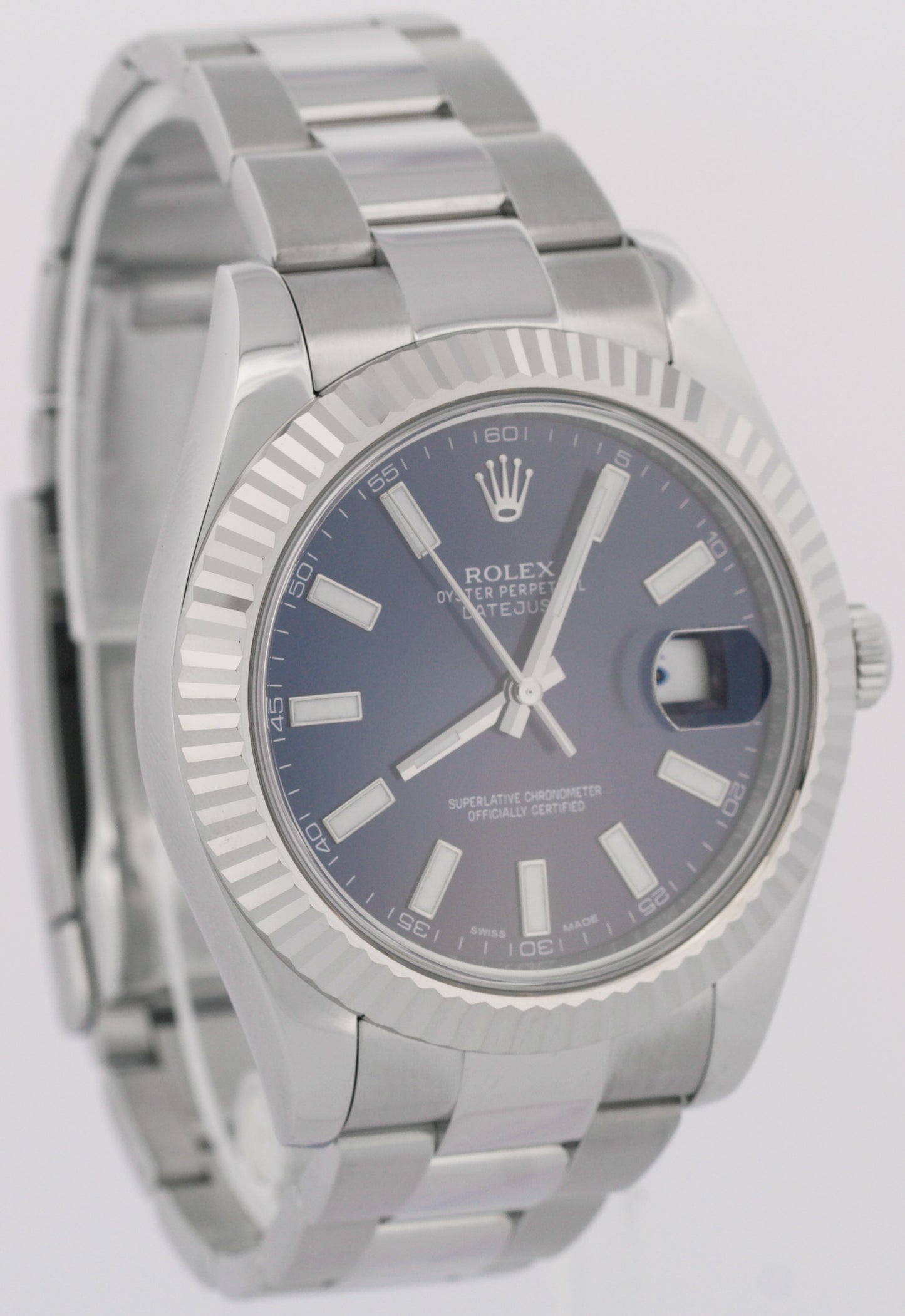 MINT Rolex DateJust II BLUE Stainless Steel 18K Fluted Oyster 41mm Watch 116334