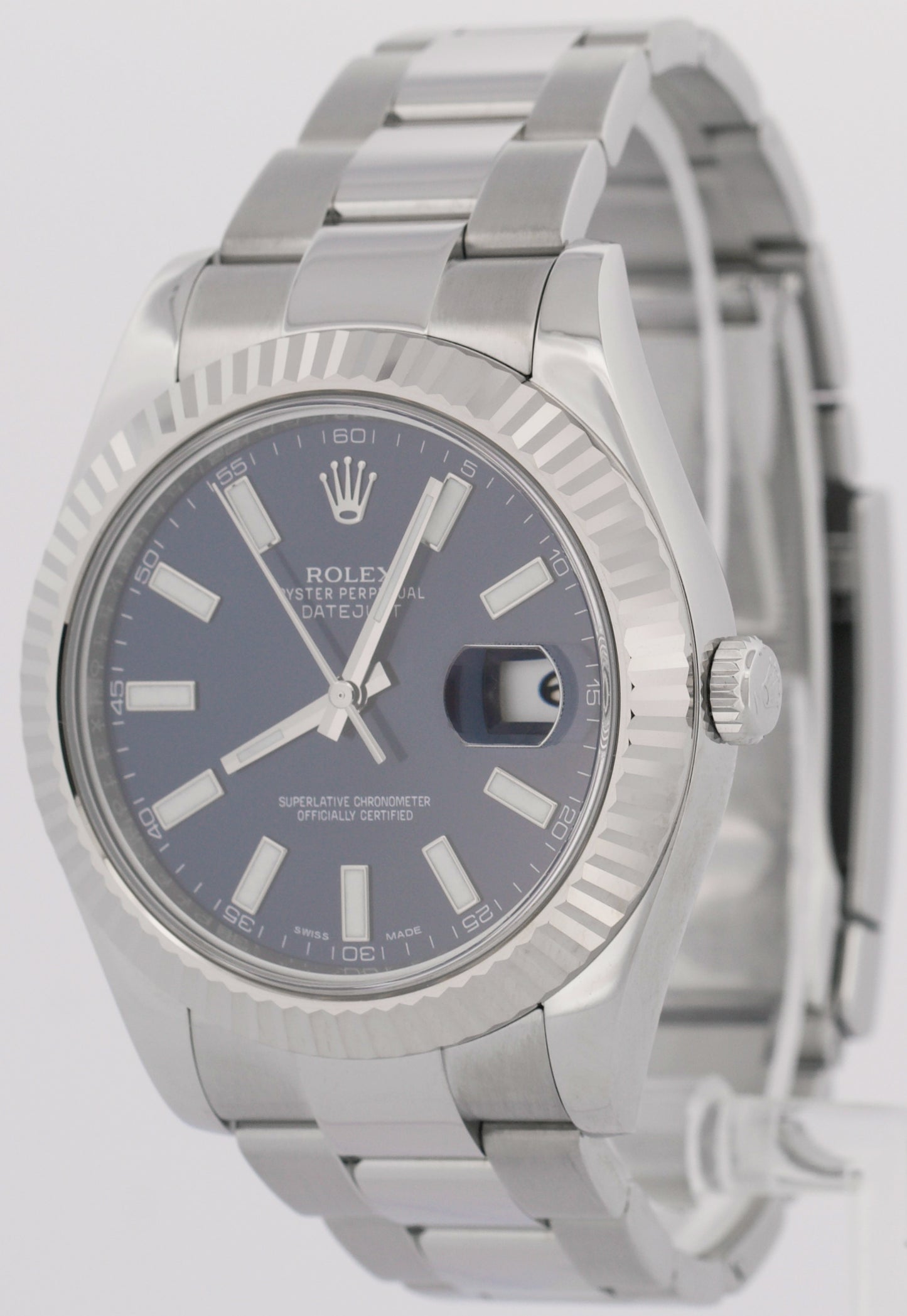 MINT Rolex DateJust II BLUE Stainless Steel 18K Fluted Oyster 41mm Watch 116334