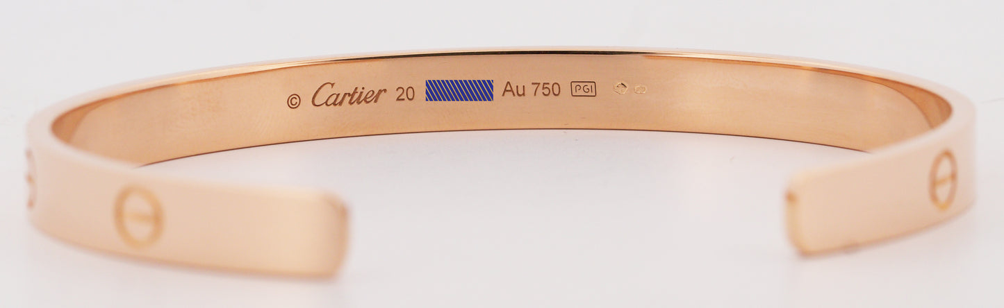 2020 PAPERS Cartier LOVE CUFF Bracelet Solid 18K Rose Gold Size 20 AU 750 BOX