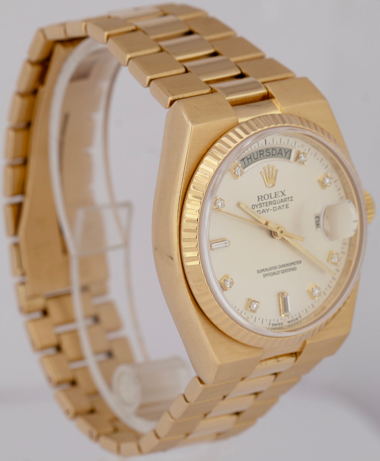 Rolex OysterQuartz Day-Date Silver Diamond Dial 36mm 18K Yellow Gold Watch 19018
