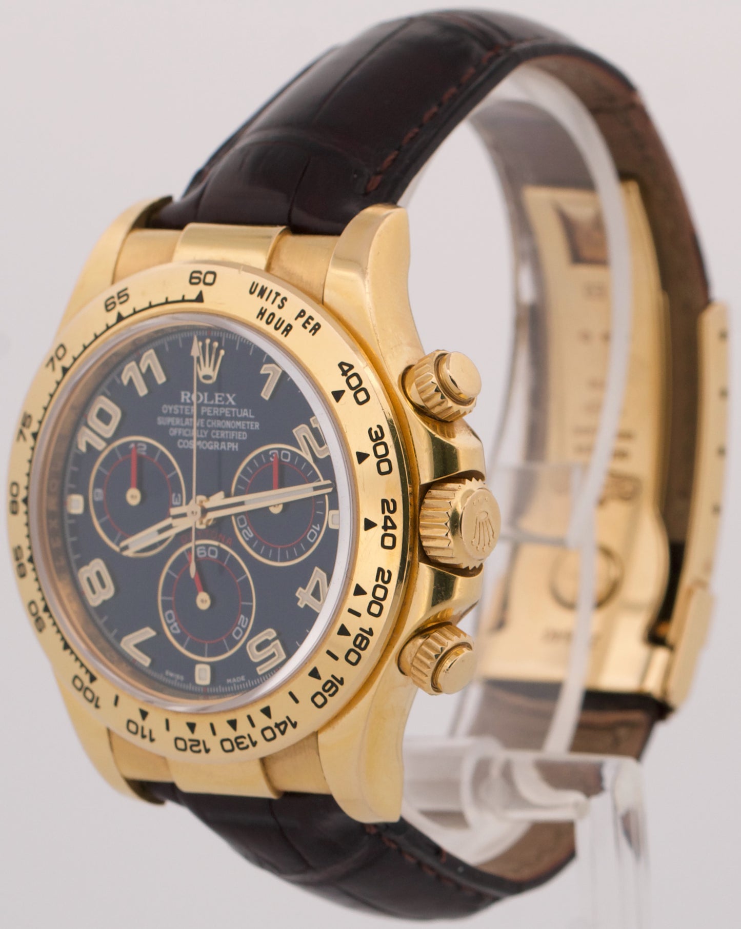 PAPERS Rolex Daytona Cosmograph BLUE RACING 18K Yellow Gold Leather 116518 BOX