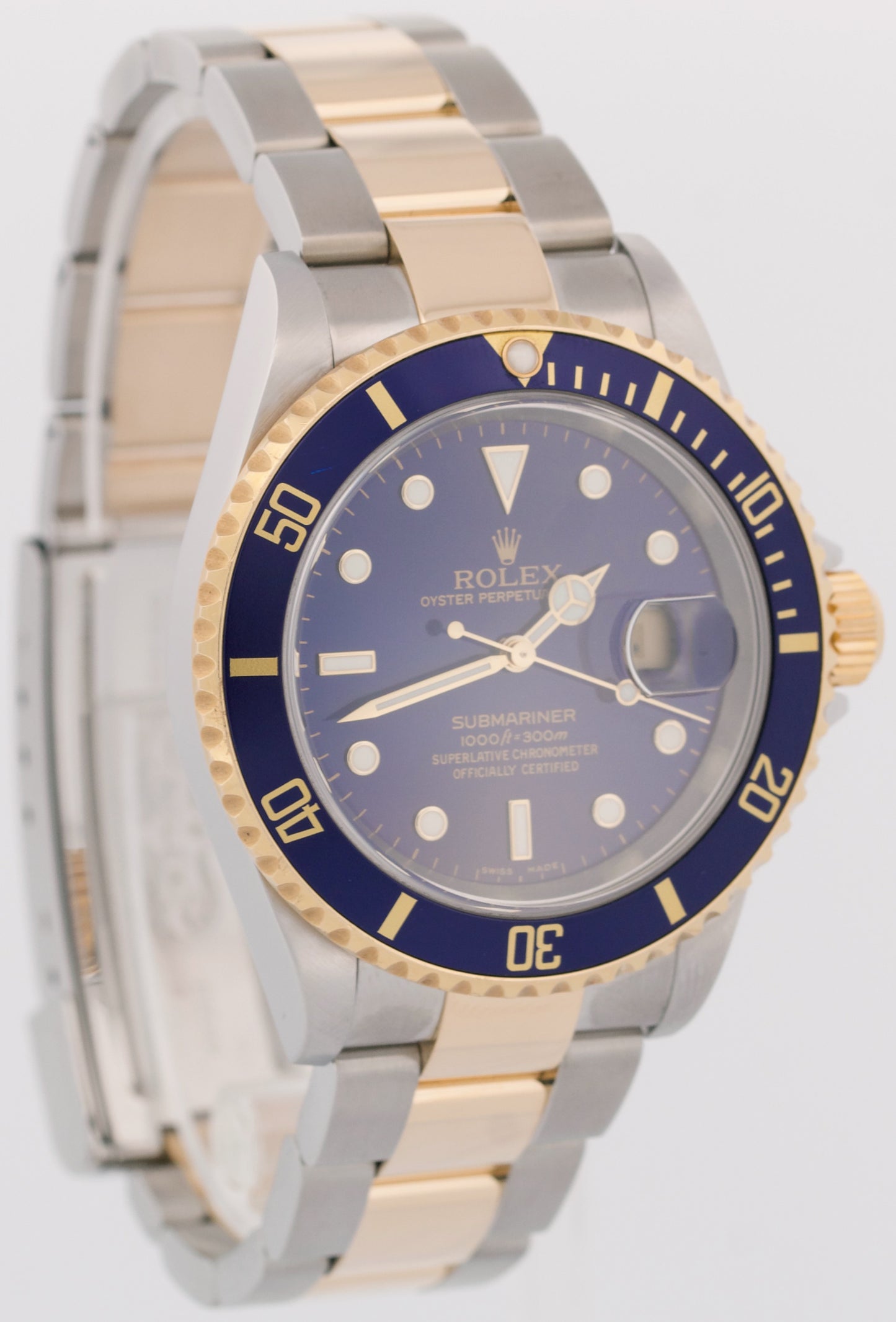 MINT PAPERS Rolex Submariner 40mm BLUE 18K Steel No-Holes GOLD BUCKLE 16613 BOX