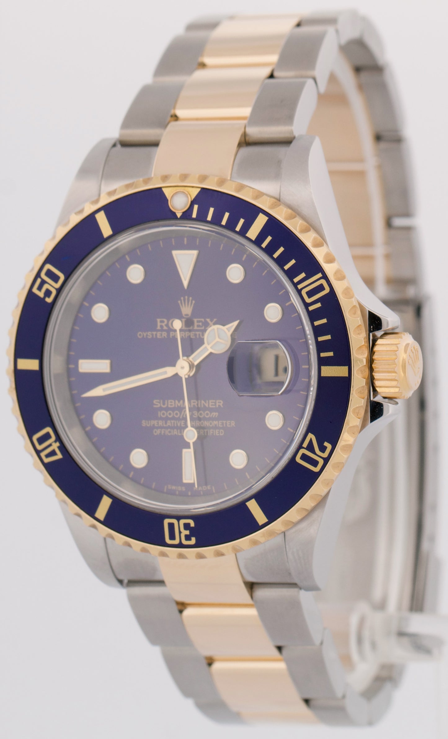 MINT PAPERS Rolex Submariner 40mm BLUE 18K Steel No-Holes GOLD BUCKLE 16613 BOX