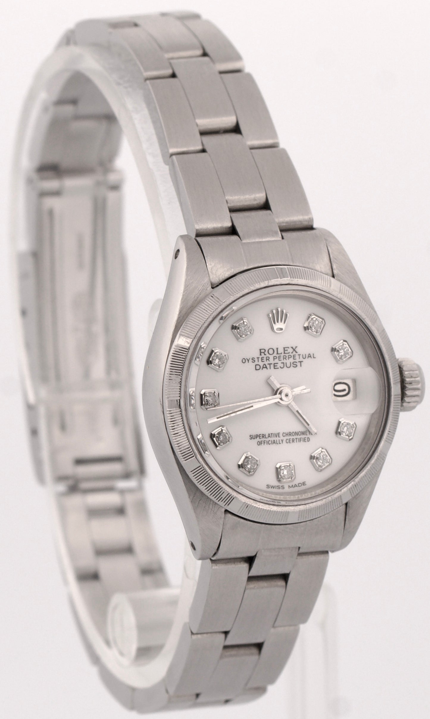 VINTAGE Ladies Rolex Oyster Perpetual Date WHITE DIAMOND 26mm Engine-Turned 6919