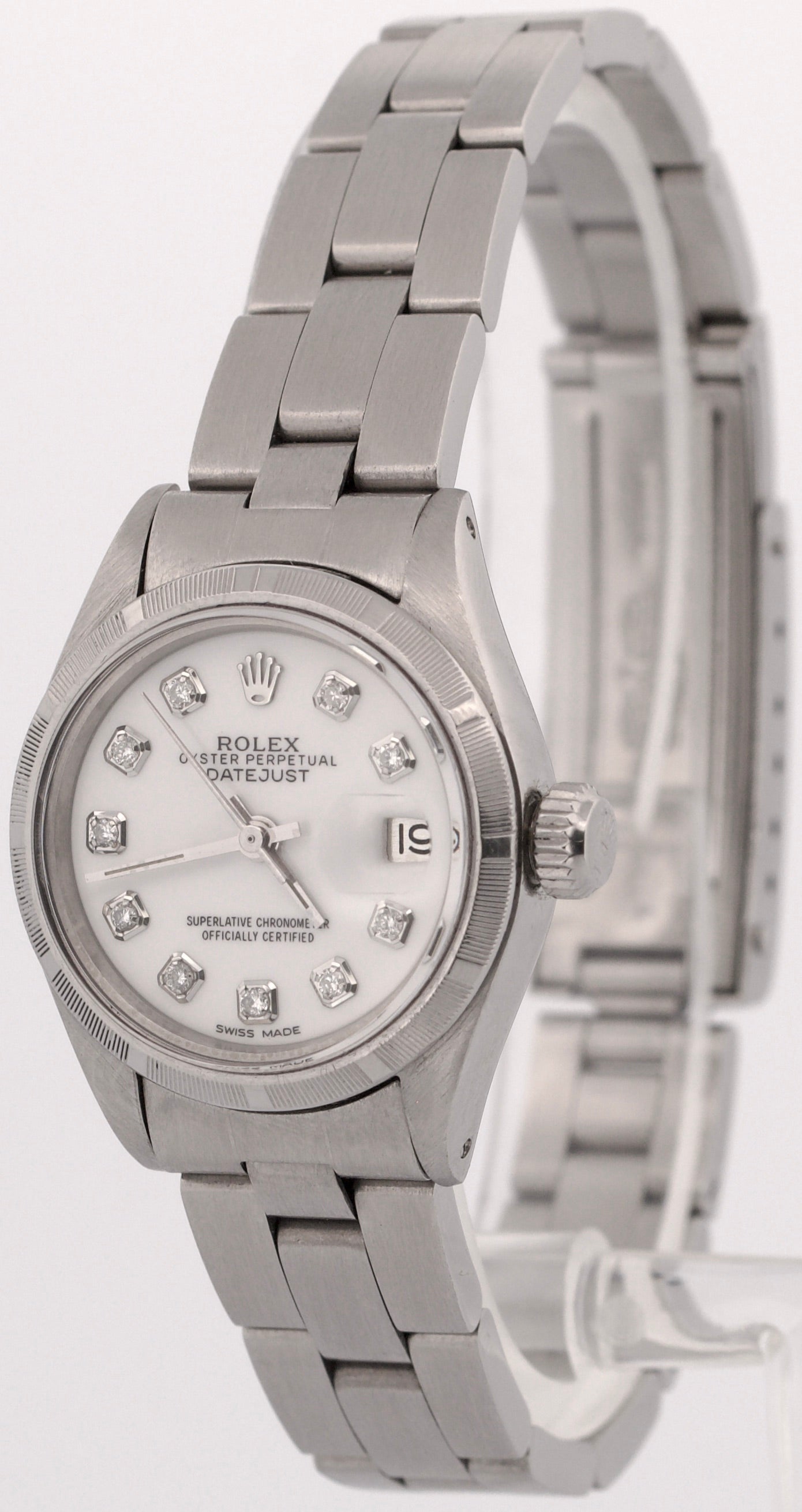 VINTAGE Ladies Rolex Oyster Perpetual Date WHITE DIAMOND 26mm Engine-Turned 6919