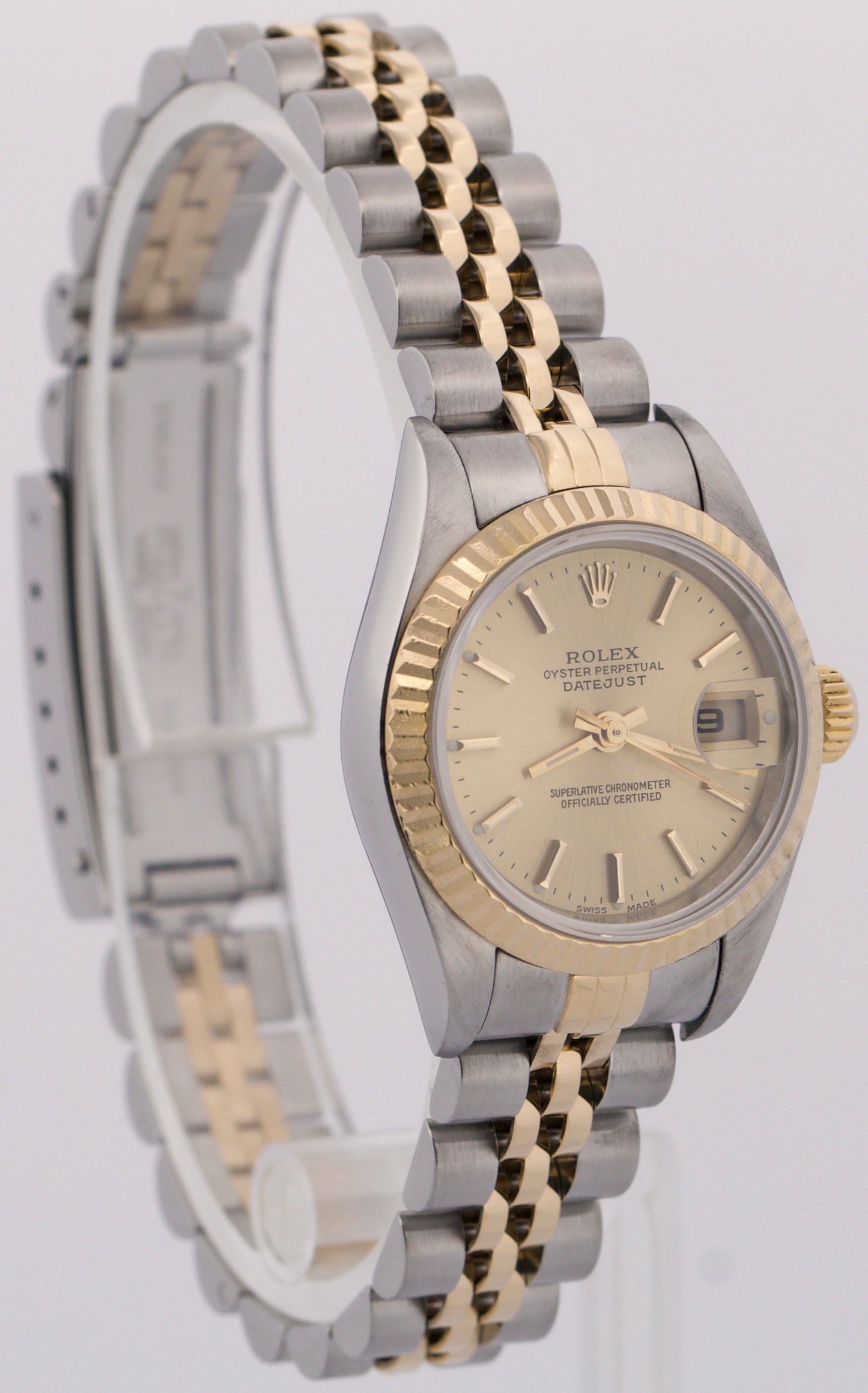 PAPERS Ladies Rolex DateJust CHAMPAGNE 18K Gold Steel JUBILEE 26mm 79173 BOX