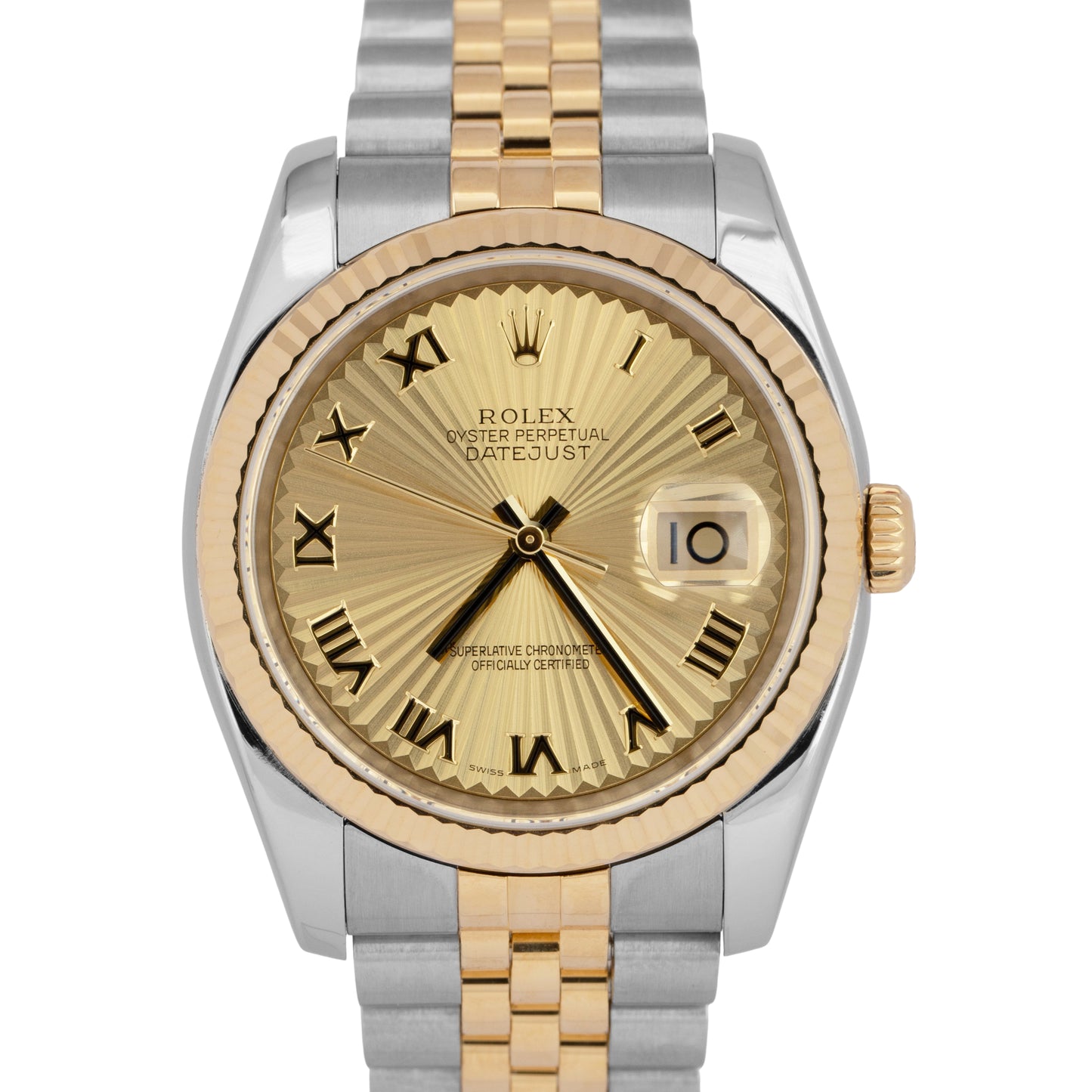 Rolex DateJust 36mm CHAMPAGNE SUNBEAM DIAL 18K Gold Steel JUBILEE Watch 116233