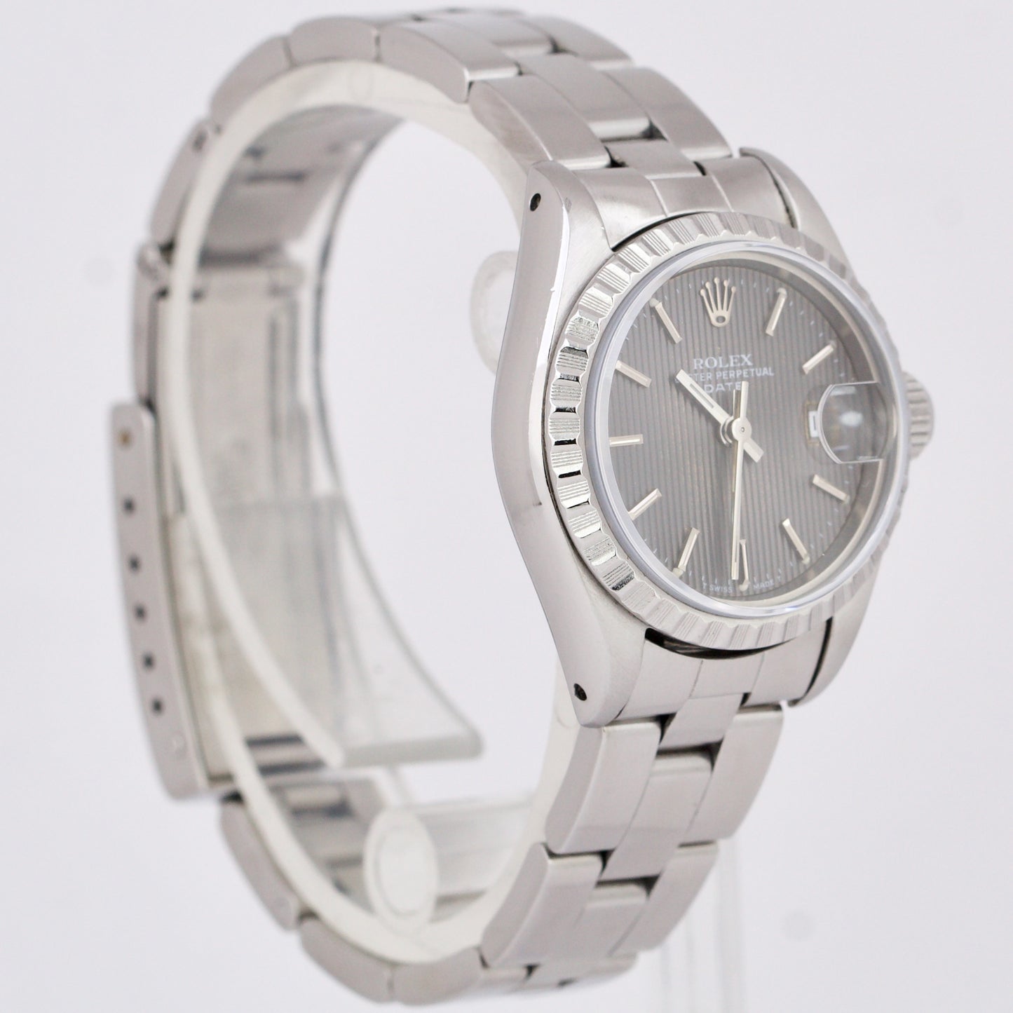 Rolex Oyster Perpetual Date 26mm GRAY TAPESTRY Steel Engine-Turned Watch 69240