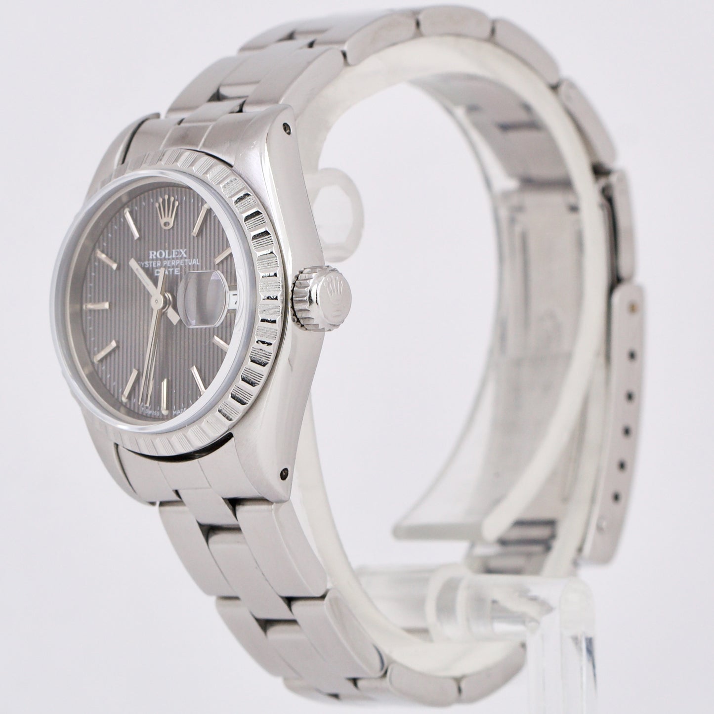 Rolex Oyster Perpetual Date 26mm GRAY TAPESTRY Steel Engine-Turned Watch 69240