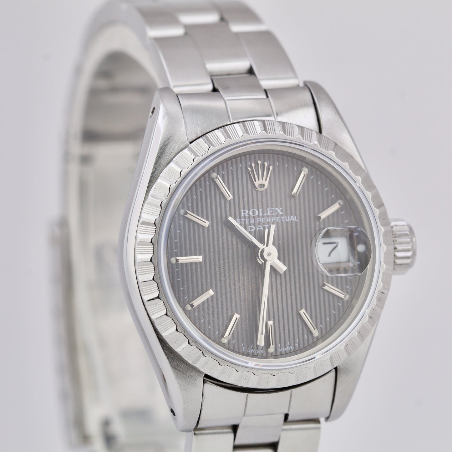 Rolex Oyster Perpetual Date 26mm GRAY TAPESTRY Steel Engine-Turned Watch 69240