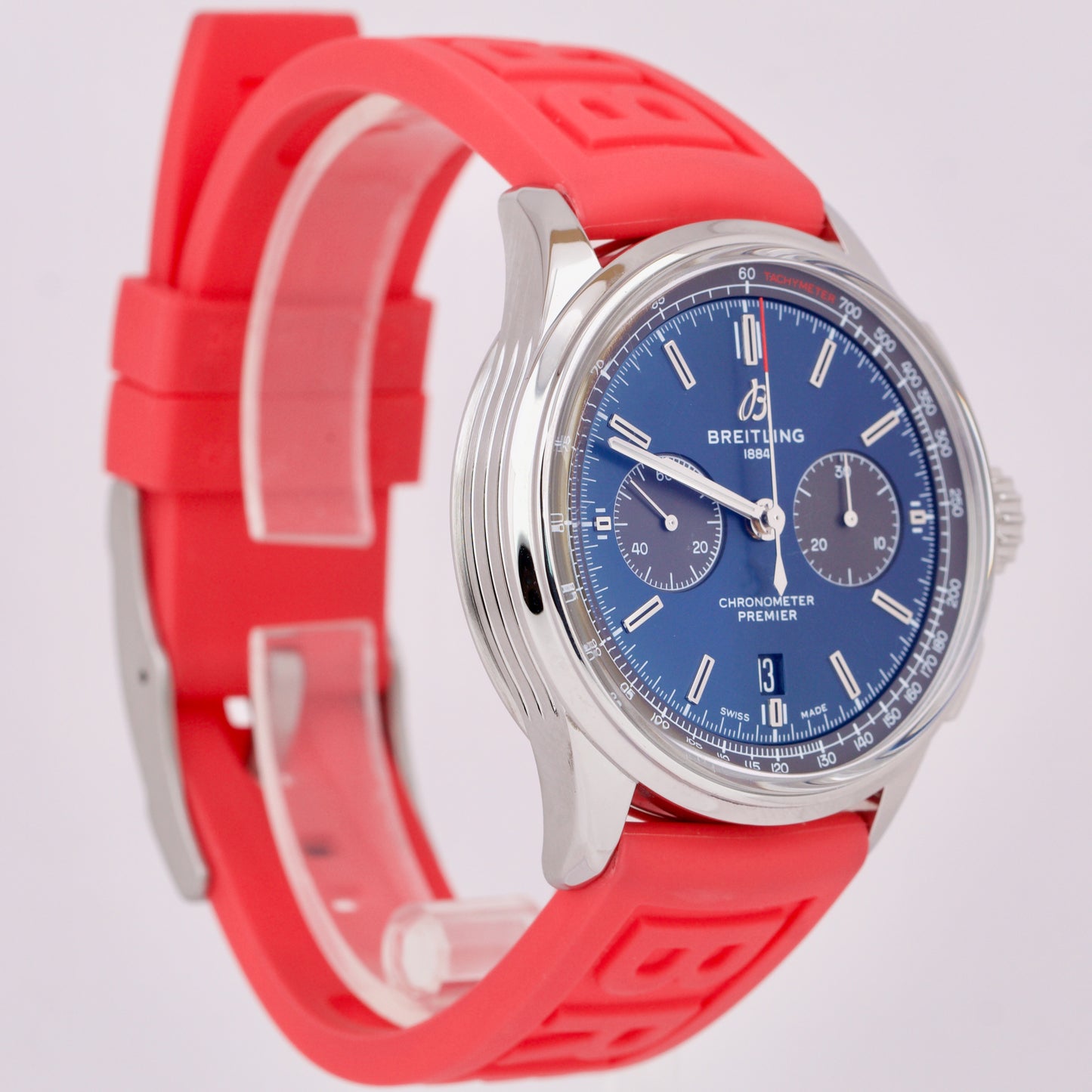 Breitling Premier B01 42mm Stainless Steel Blue Red Rubber Date Watch AB0118