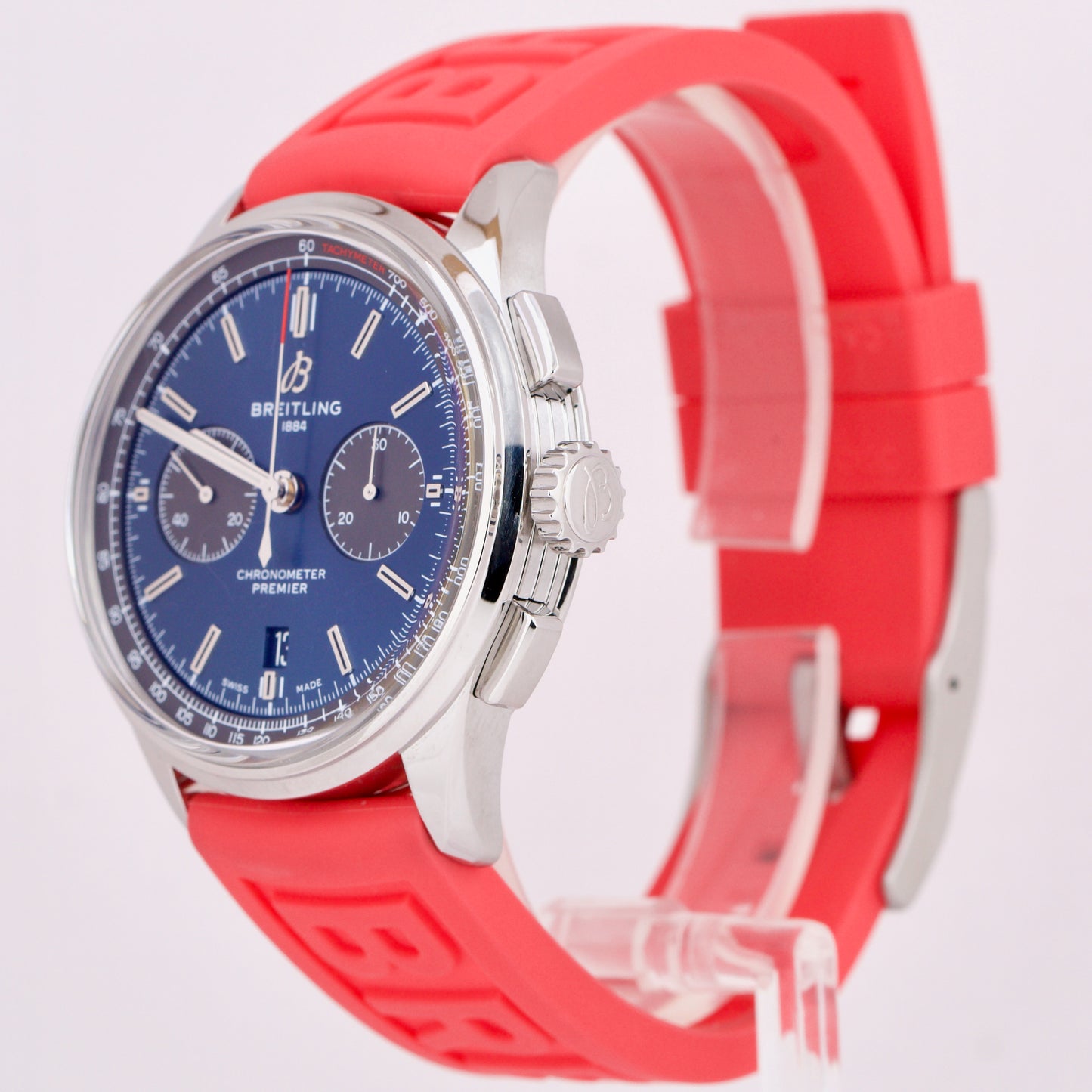 Breitling Premier B01 42mm Stainless Steel Blue Red Rubber Date Watch AB0118