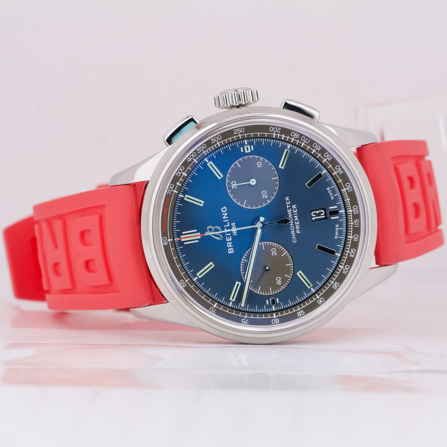 Breitling Premier B01 42mm Stainless Steel Blue Red Rubber Date Watch AB0118