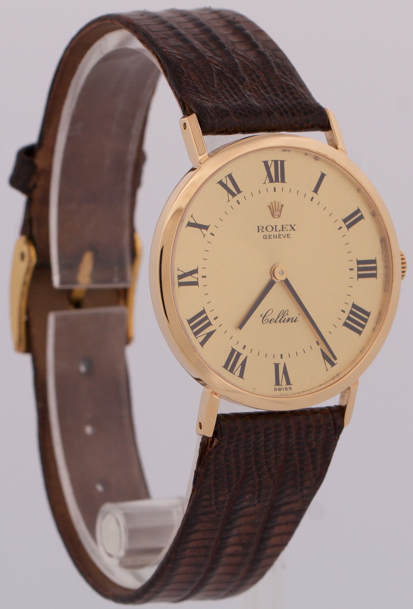 Rolex Cellini CHAMPAGNE ROMAN 18K Yellow Gold Manual Brown Leather 32mm 4112