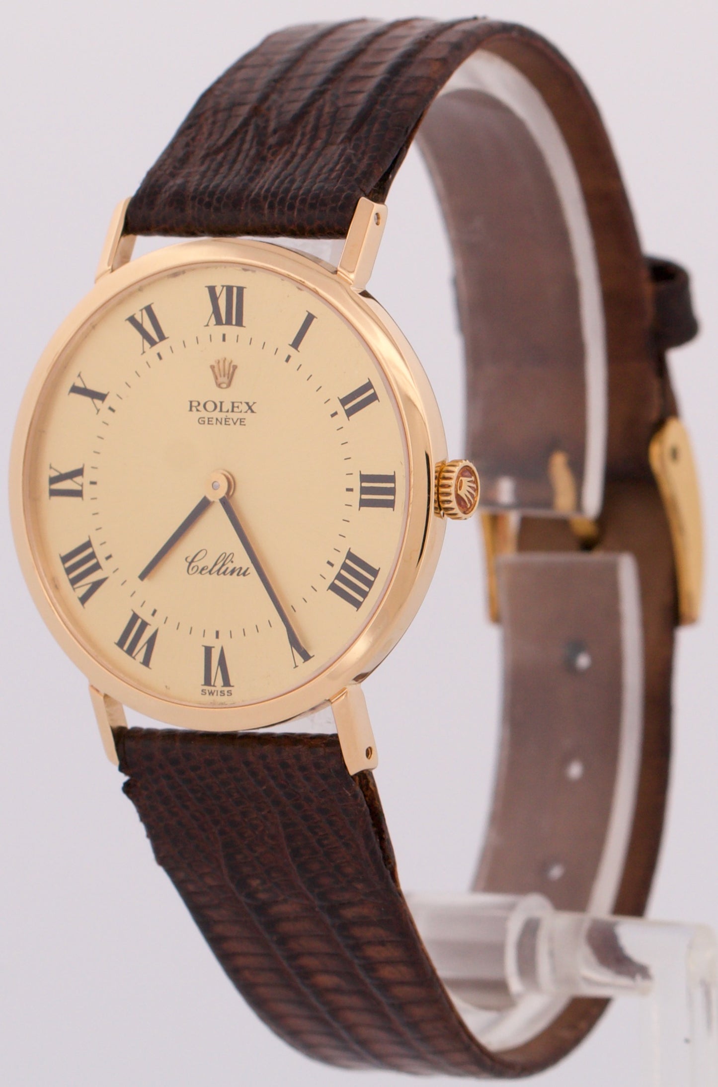 Rolex Cellini CHAMPAGNE ROMAN 18K Yellow Gold Manual Brown Leather 32mm 4112