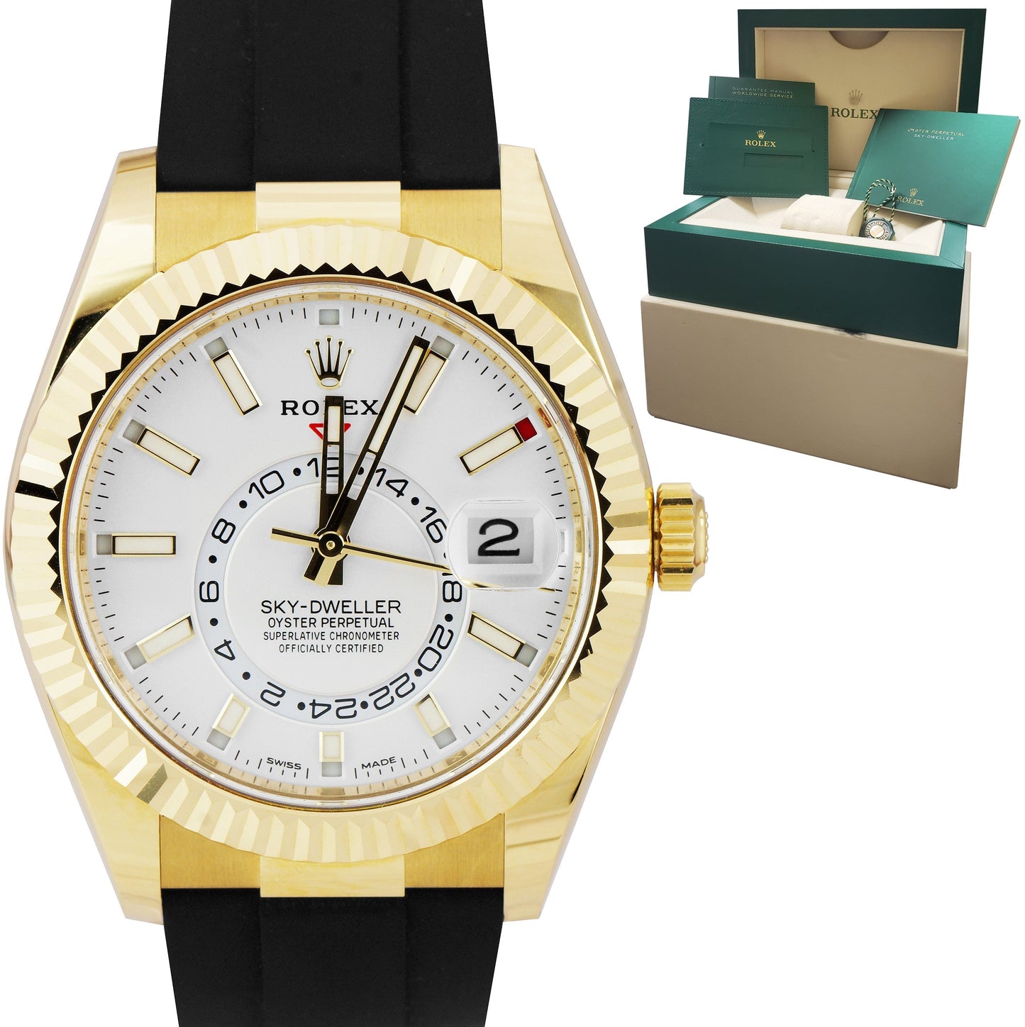 2021 Rolex Sky-Dweller 18K Gold Yellow Oysterflex INTENSE WHITE 42mm 326238 B+P