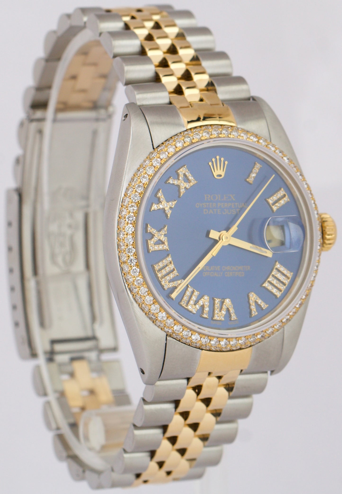 Rolex DateJust 36mm BLUE PAVE ROMAN DIAMOND 18K Yellow Gold Steel JUBILEE 16013