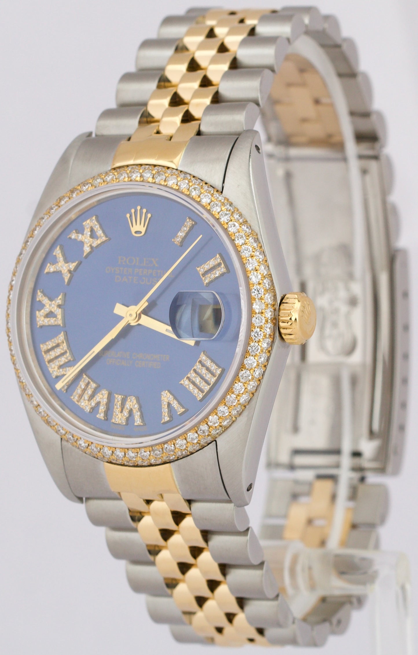 Rolex DateJust 36mm BLUE PAVE ROMAN DIAMOND 18K Yellow Gold Steel JUBILEE 16013