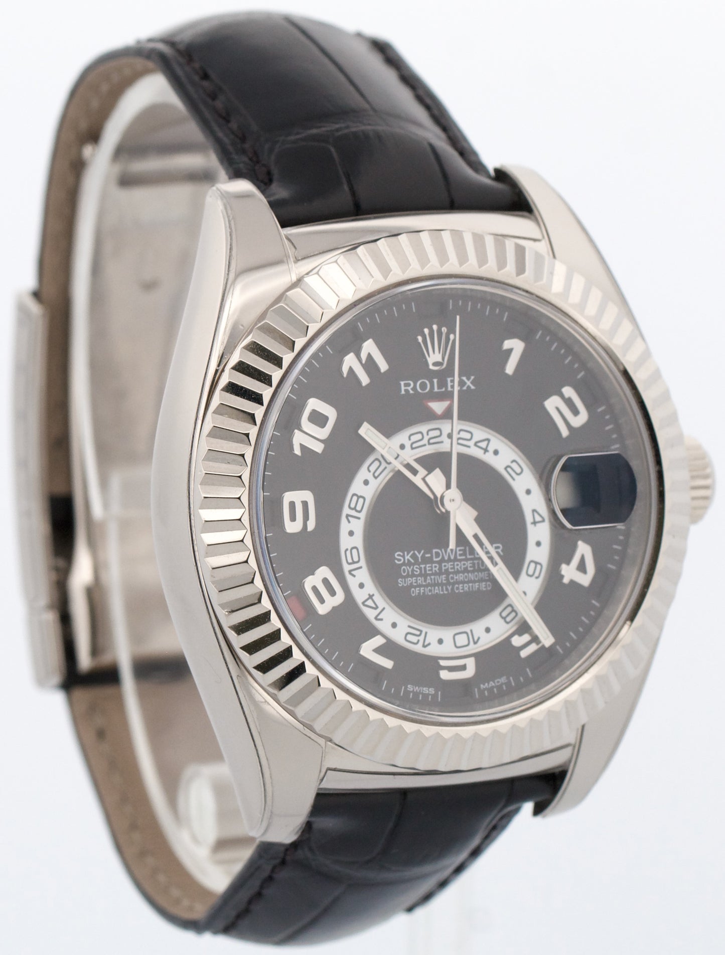 PAPERS Rolex Sky-Dweller BLACK ARABIC 18K White Gold Leather 42mm 326139 BOX