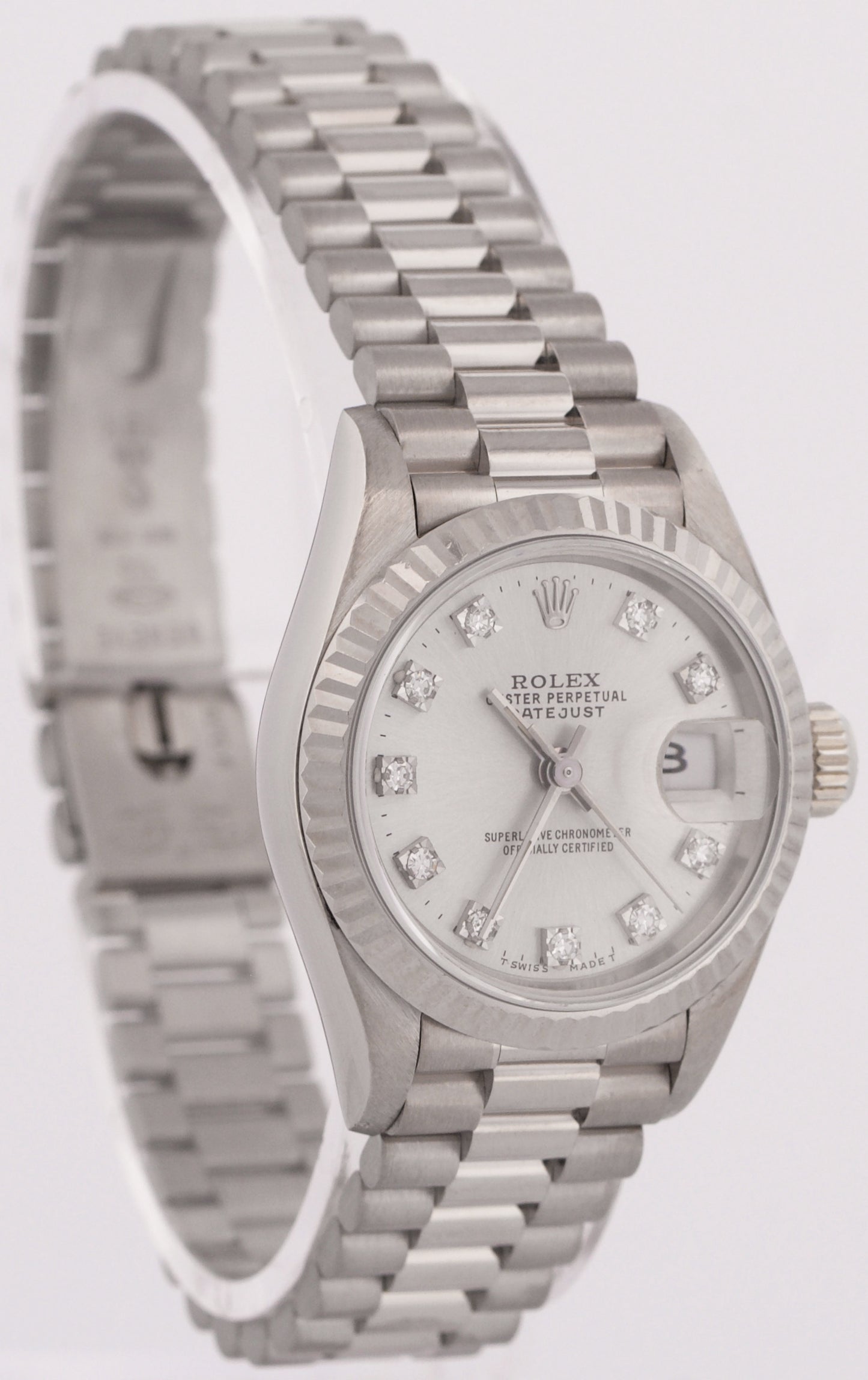 PAPERS Rolex DateJust President 26mm FACTORY SILVER DIAMOND 18K Gold 69179 BOX