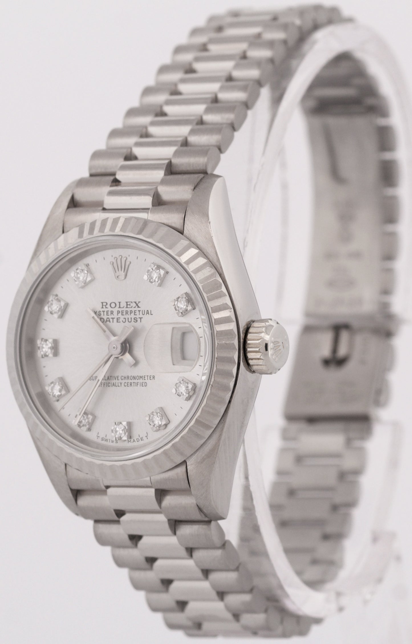 PAPERS Rolex DateJust President 26mm FACTORY SILVER DIAMOND 18K Gold 69179 BOX