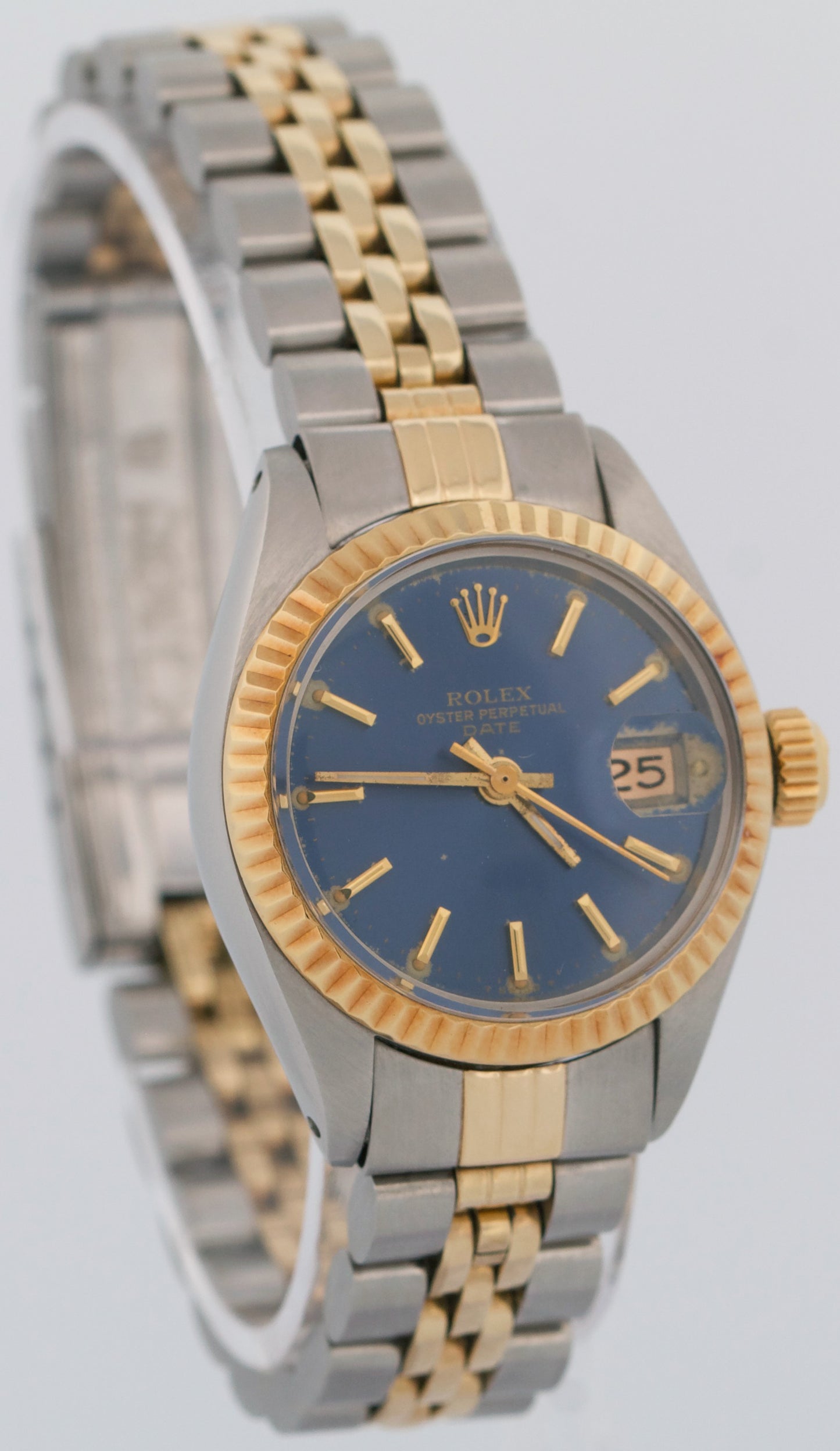 Rolex Date 26mm BLUE 18K Yellow Gold Stainless Steel Fluted JUBILEE 6917 Watch