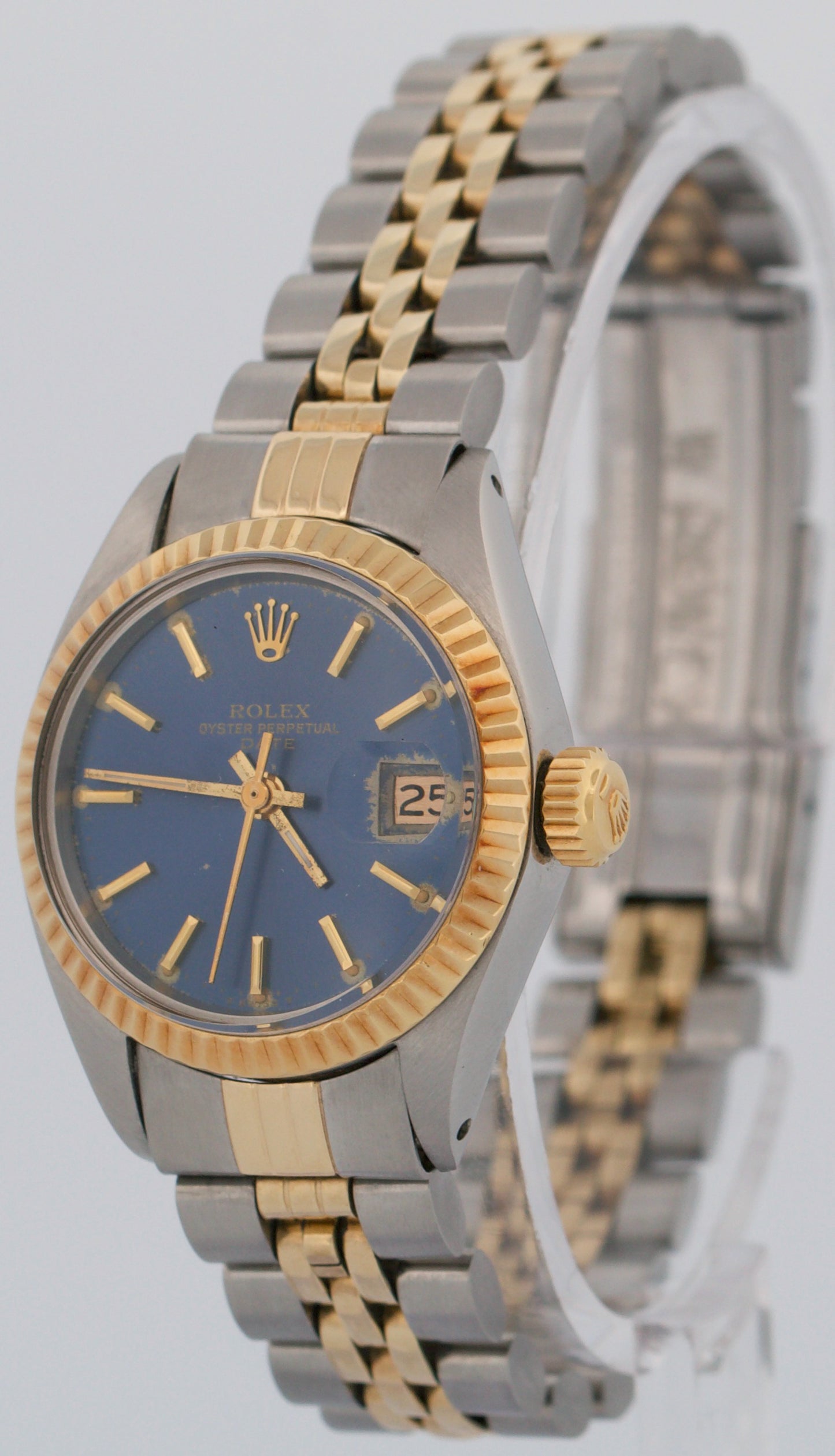 Rolex Date 26mm BLUE 18K Yellow Gold Stainless Steel Fluted JUBILEE 6917 Watch