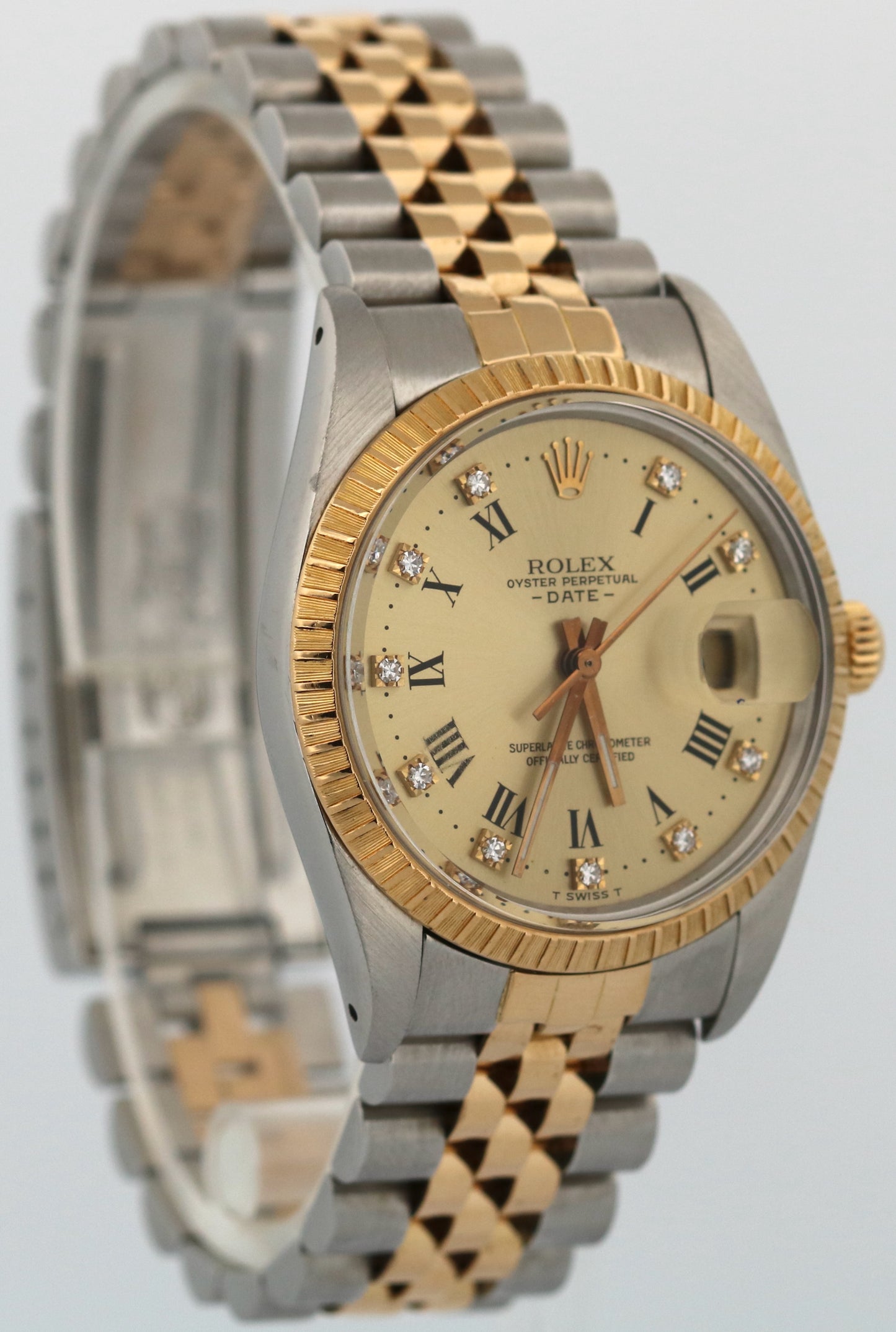 Rolex Oyster Perpetual Date 34mm CHAMPAGNE DIAMOND 18K Gold Steel JUBILEE 15053