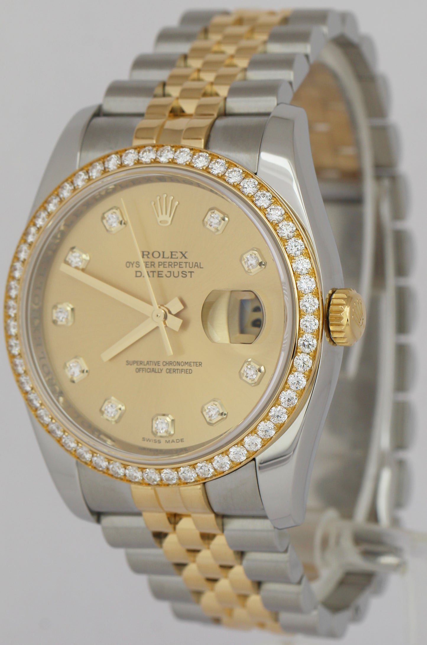 MINT Rolex DateJust 36mm Champagne DIAMOND Two-Tone Gold Steel Watch 116243
