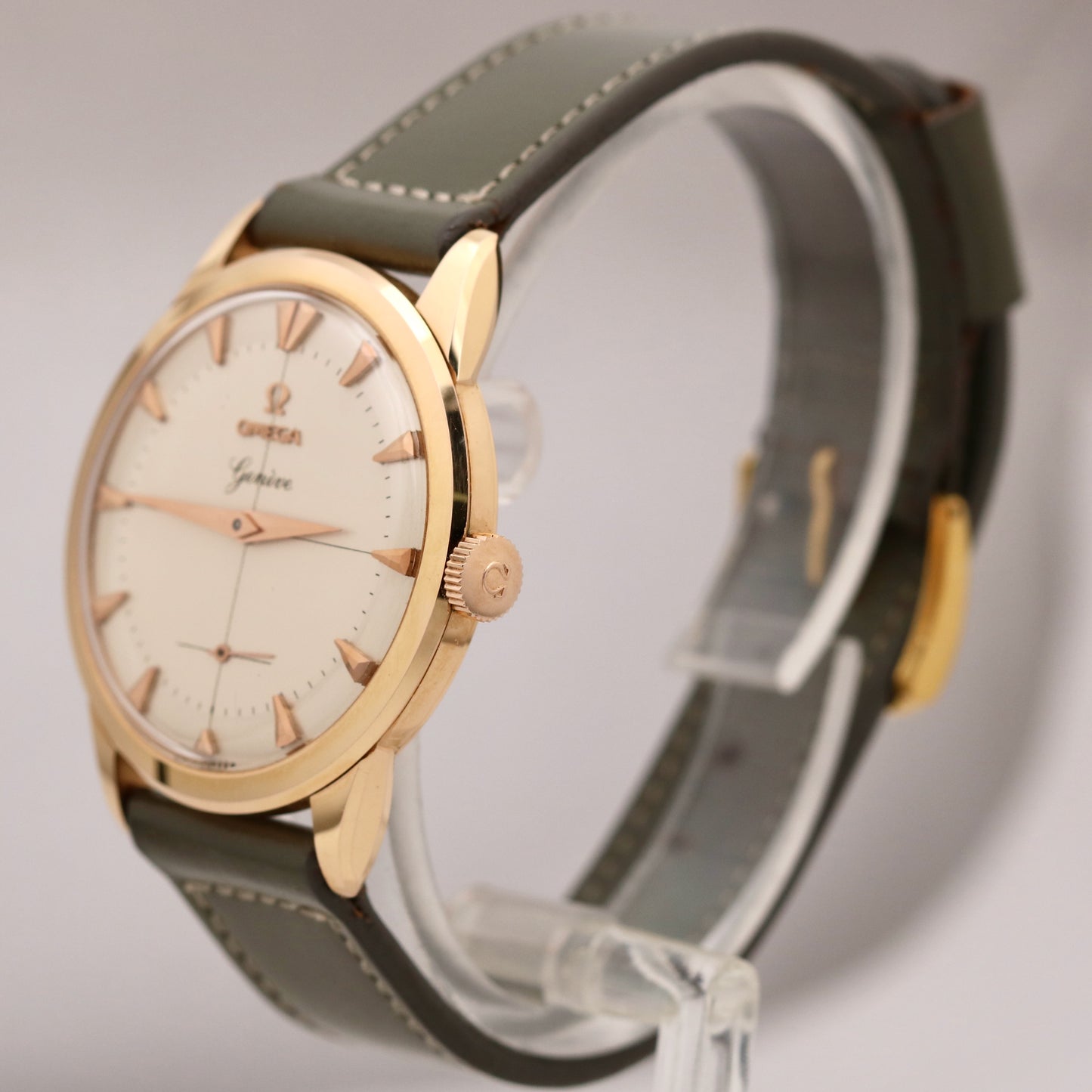 Unisex Omega Geneve 18K Rose Gold Silver Leather 35mm Manual 35mm Watch 2903