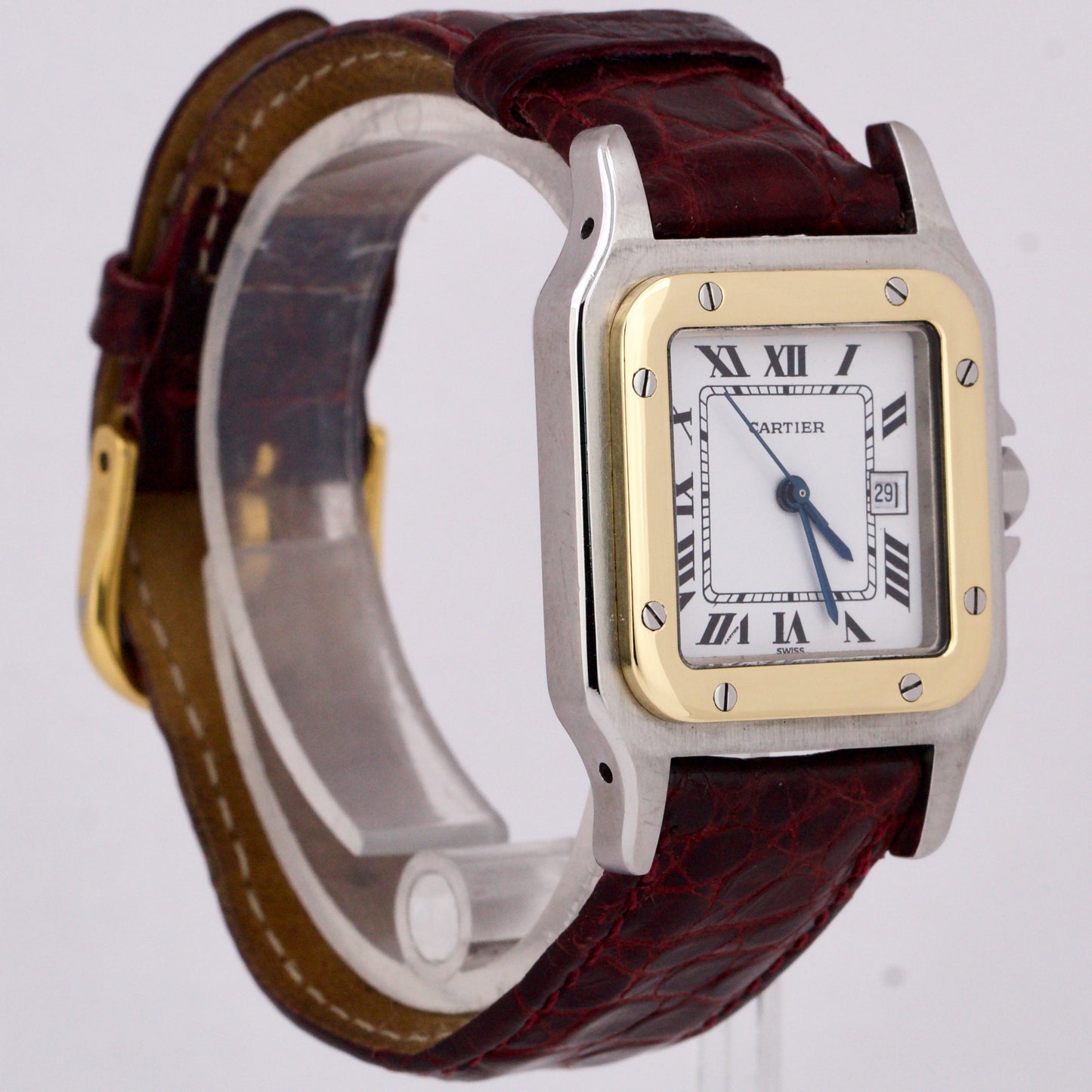 Cartier Santos Automatique 29mm 18K Gold Steel Roman Burgundy Leather AC23.80