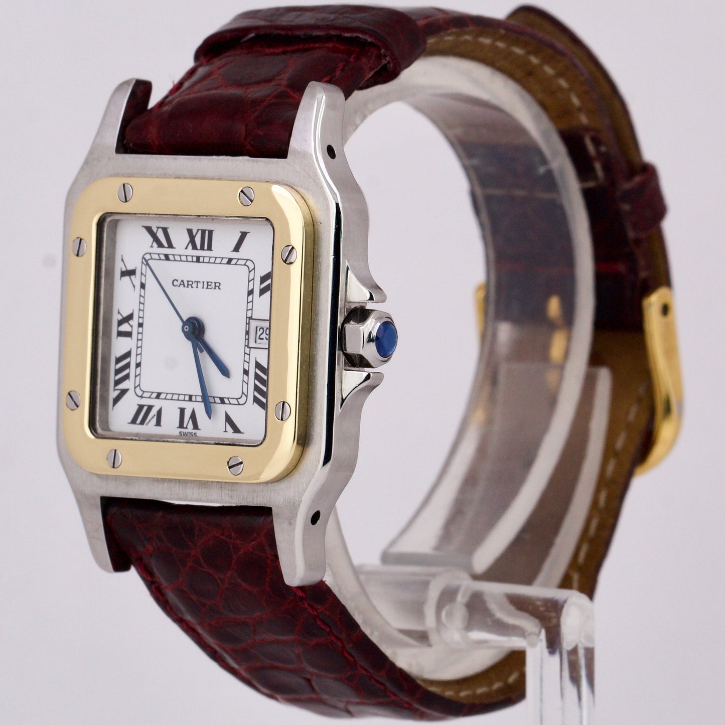 Cartier Santos Automatique 29mm 18K Gold Steel Roman Burgundy Leather AC23.80